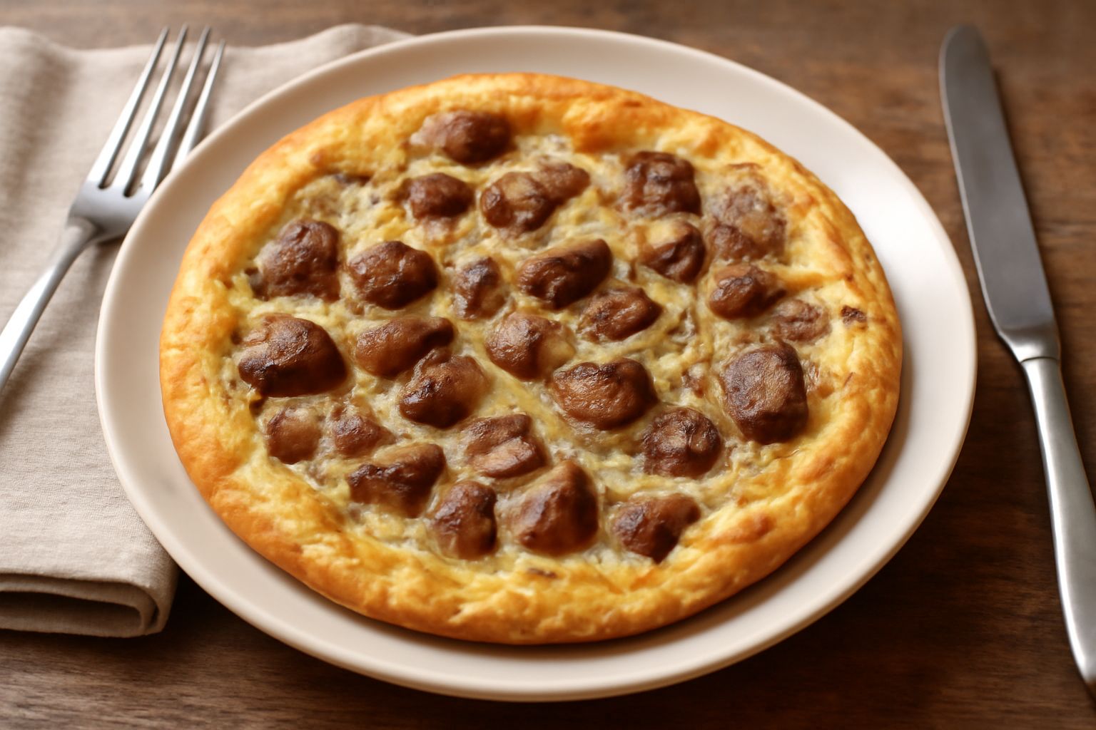 Frittata di coratella dorata e gonfia nel piatto bianco, con fette di limone a lato, vista da sopra, tagliata a spicchi triangolari e ripiena di pezzi di fegato e cipolla rosati