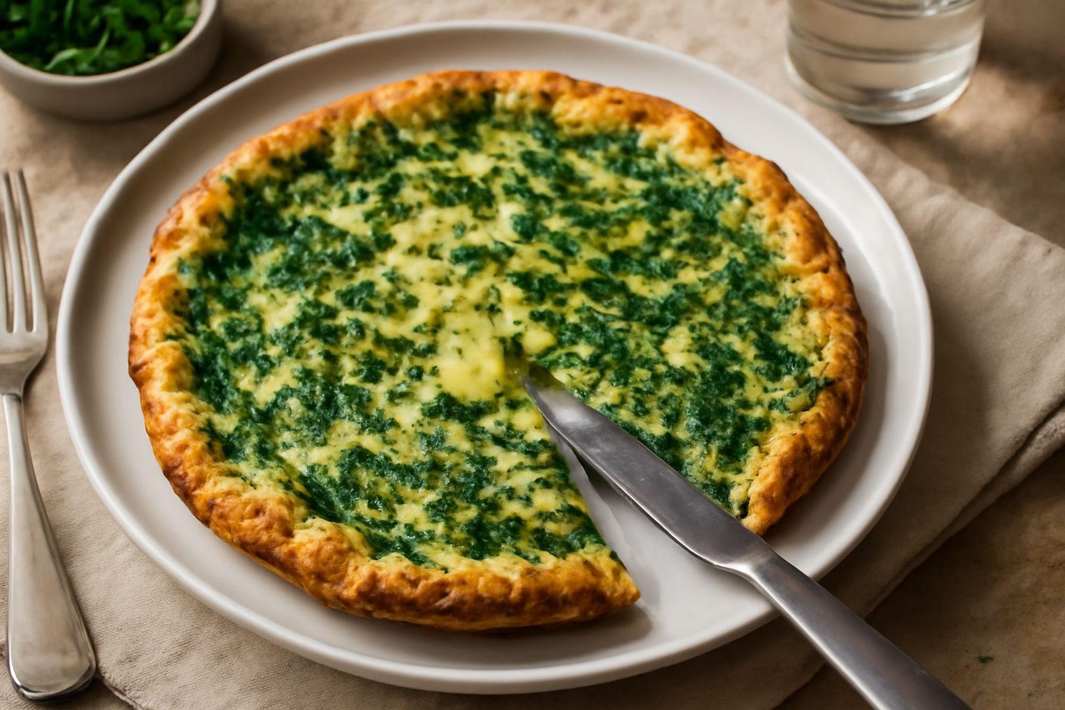 Una frittata dorata con bordi leggermente caramellati, guarnita di prezzemolo e erba cipollina fresca, tagliata a spicchi su un piatto bianco, con un bicchiere di acqua accanto