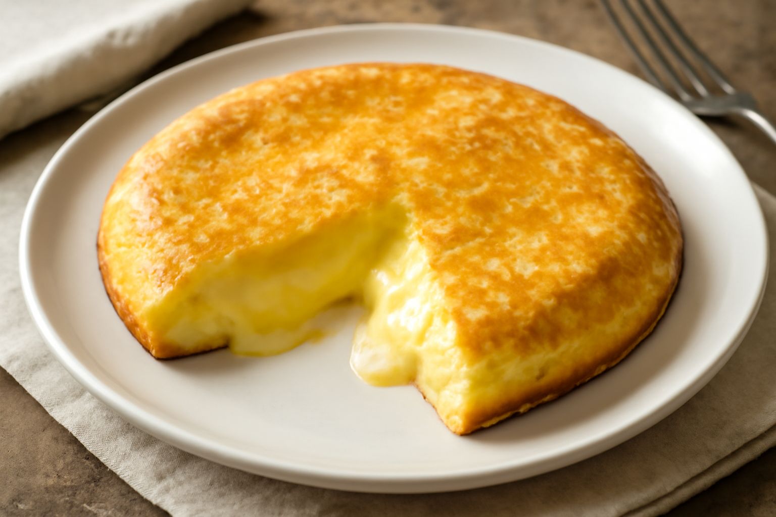 Frittata di formaggio dorata e rigonfia in padella antiaderente, tagliata in spicchi, con il formaggio fuso visibile all'interno e una leggera crosticina esterna, decorata con prezzemolo fresco