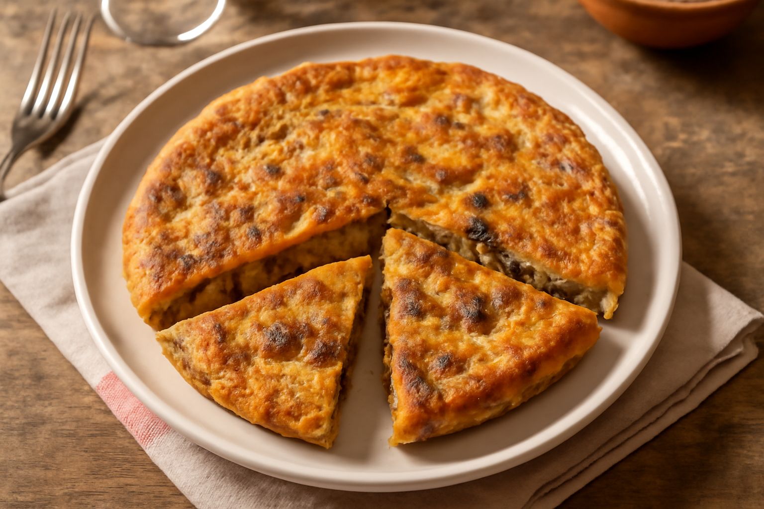 Frittata dorata tagliata a spicchi su un piatto bianco, con frattaglie visibili dentro, erba cipollina fresca sparsa sulla superficie, vapore leggero ancora presente