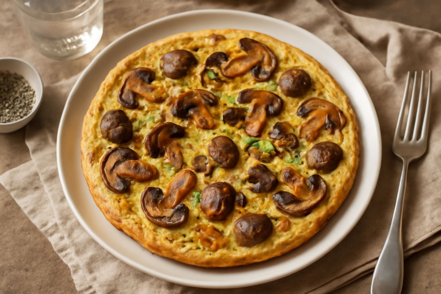 Frittata di funghi rotonda e dorata al centro di un piatto bianco, con spessore visibile da 2 centimetri, funghi marroni e bianchi distribuiti uniformemente nella massa di uova cotte, cospargimento di