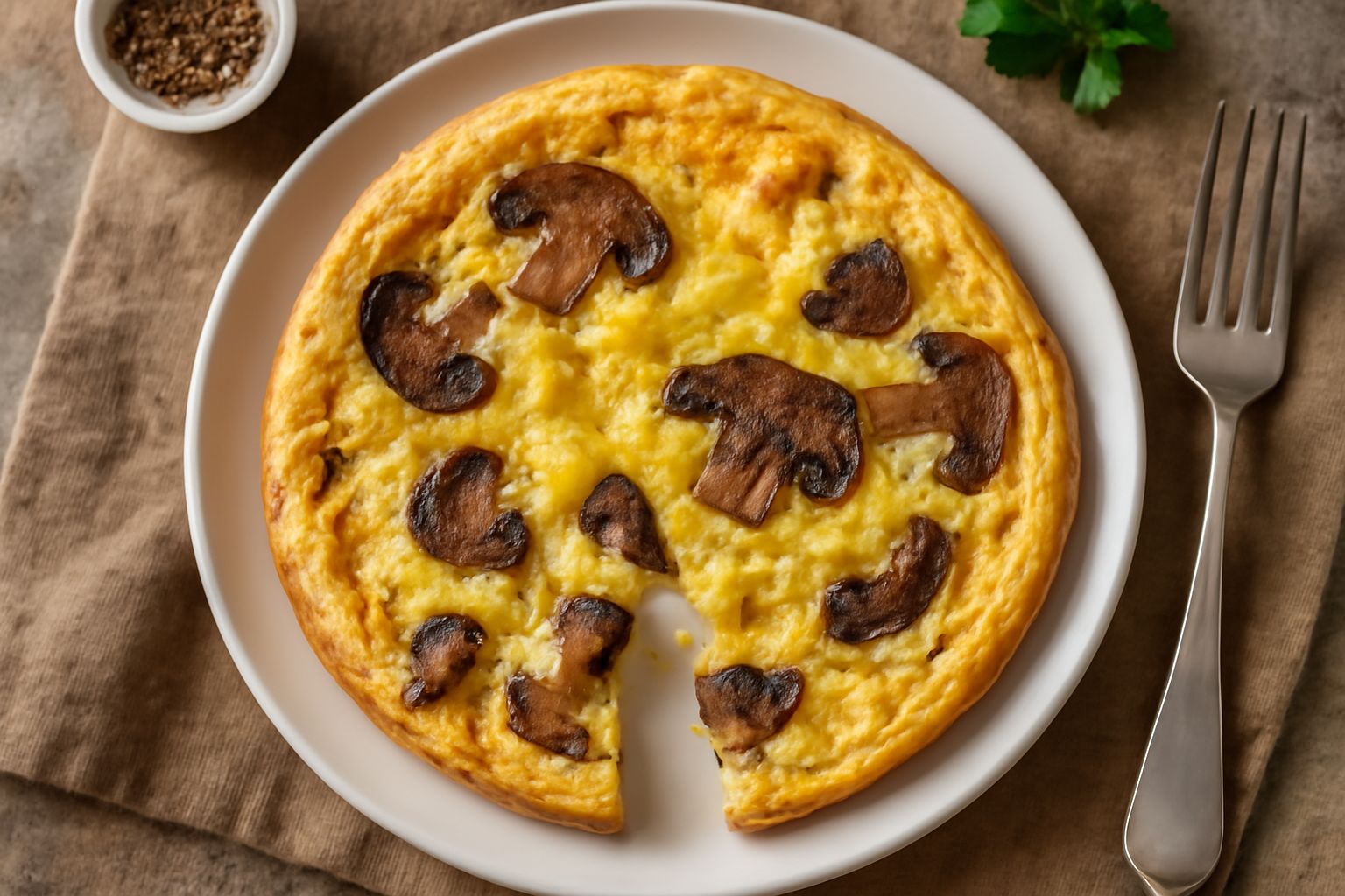 Una frittata dorata e spessa tagliata in spicchi, con funghi porcini visibili all'interno e sulla superficie, impiattata su un piatto bianco con un contorno di insalata verde.
