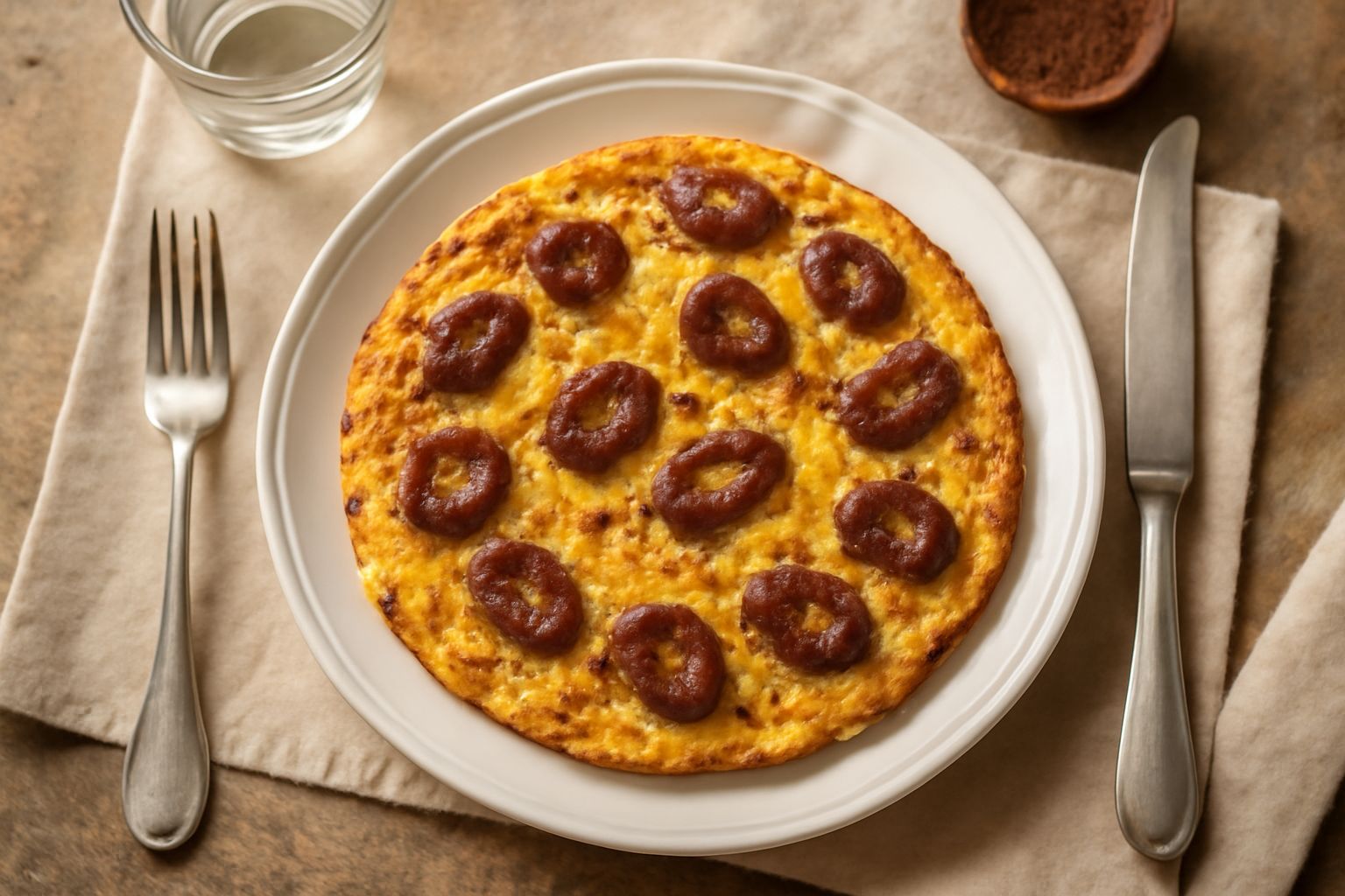 Una frittata dorata tagliata a spicchi, con la luganega visibile dentro, guarnita con prezzemolo fresco, servita in un piatto bianco su un tavolo di legno chiaro