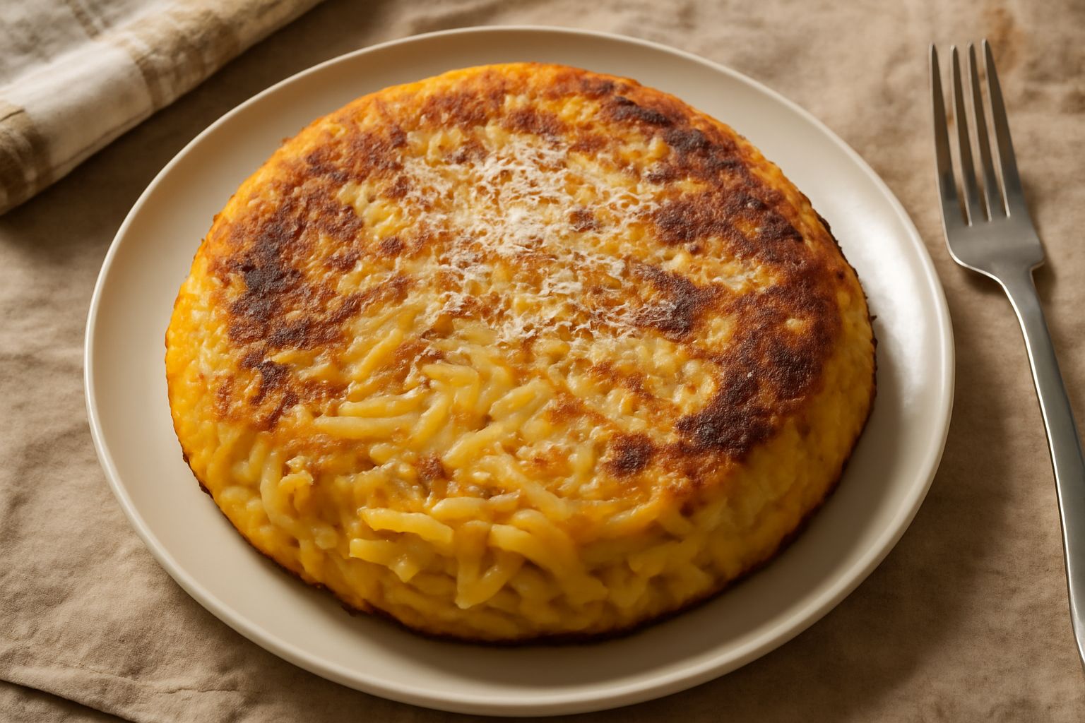 Frittata di maccarruni dorata e gonfia tagliata a spicchi, dentro si vedono i tubi di pasta gialli, le uova cotte color avorio e filamenti di formaggio fuso, servita in un piatto bianco su fondo di le