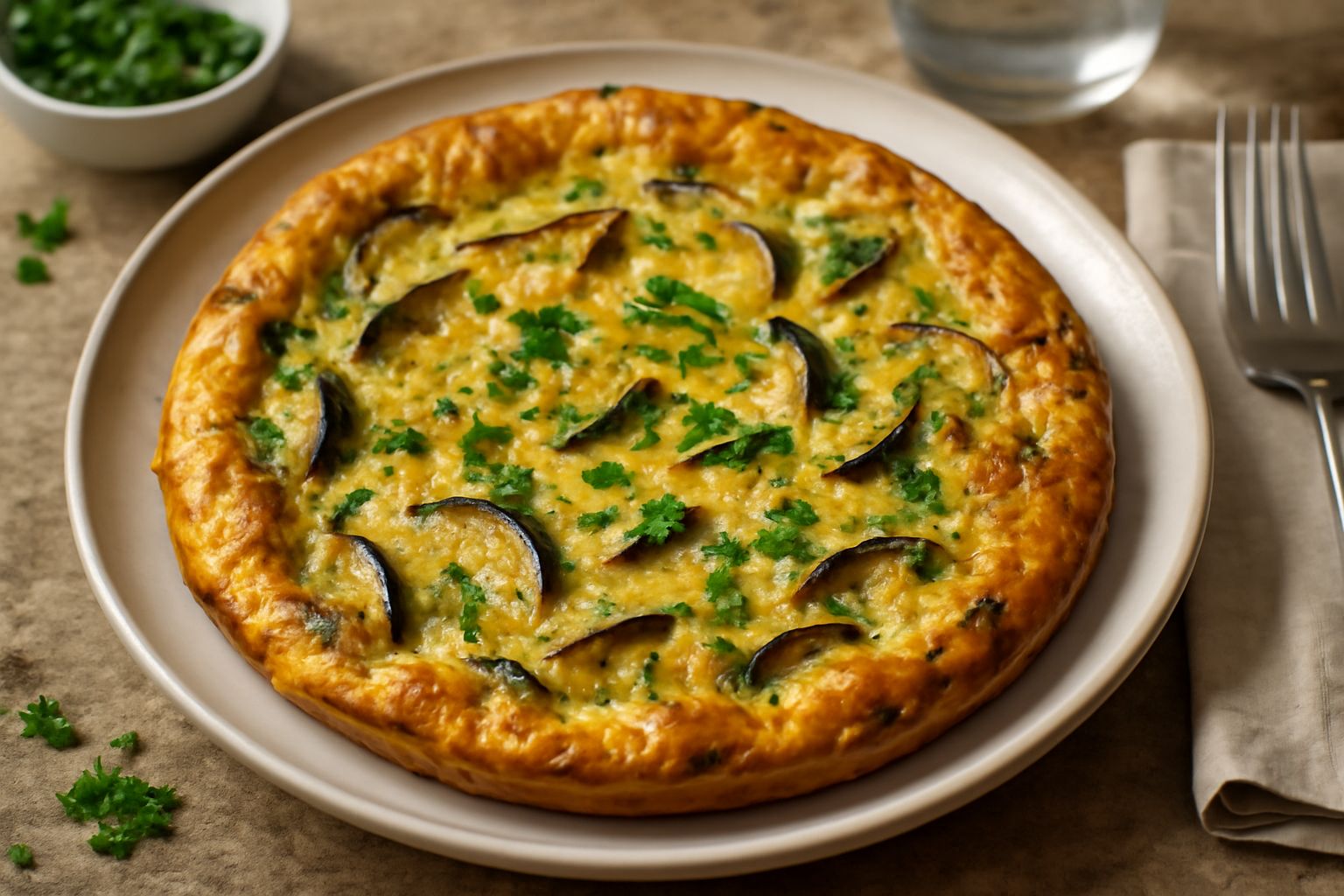 Frittata di melanzana dorata e gonfia in padella antiaderente, con fette di melanzana visibili sotto la superficie cremosa, guarnita con prezzemolo fresco, sul fuoco basso di una cucina.