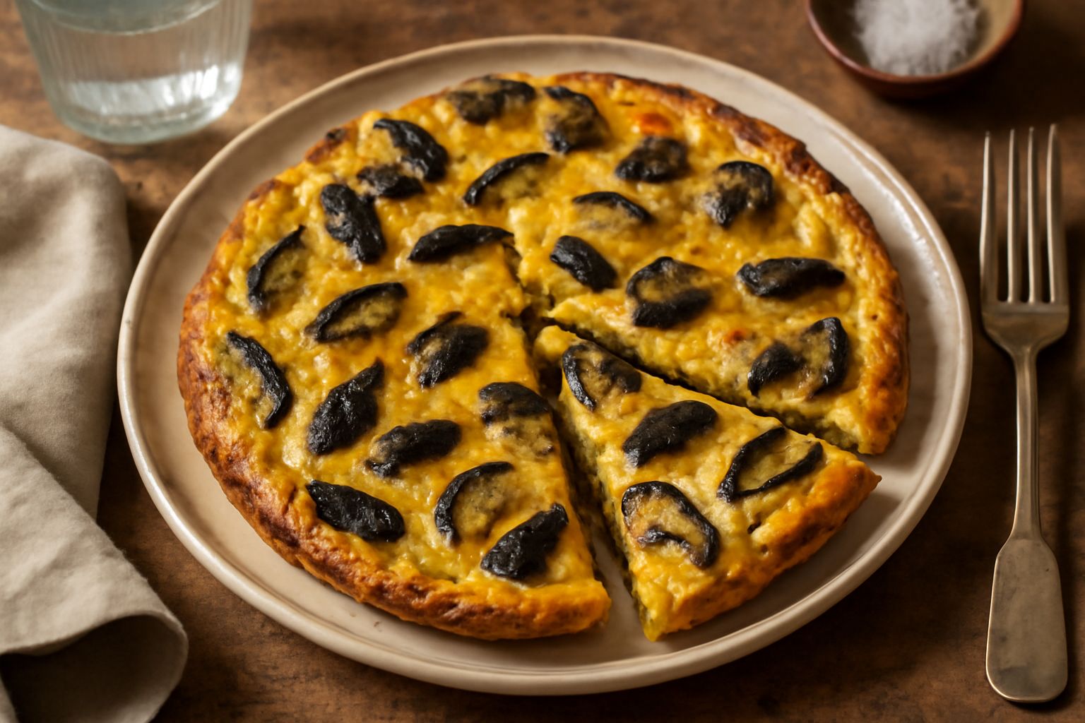 Una frittata di melanzane tagliata a spicchi in un piatto bianco, con melanzane scure e cremoso impasto giallo, bordi dorati e lievemente croccanti, accompagnata da pane tostato