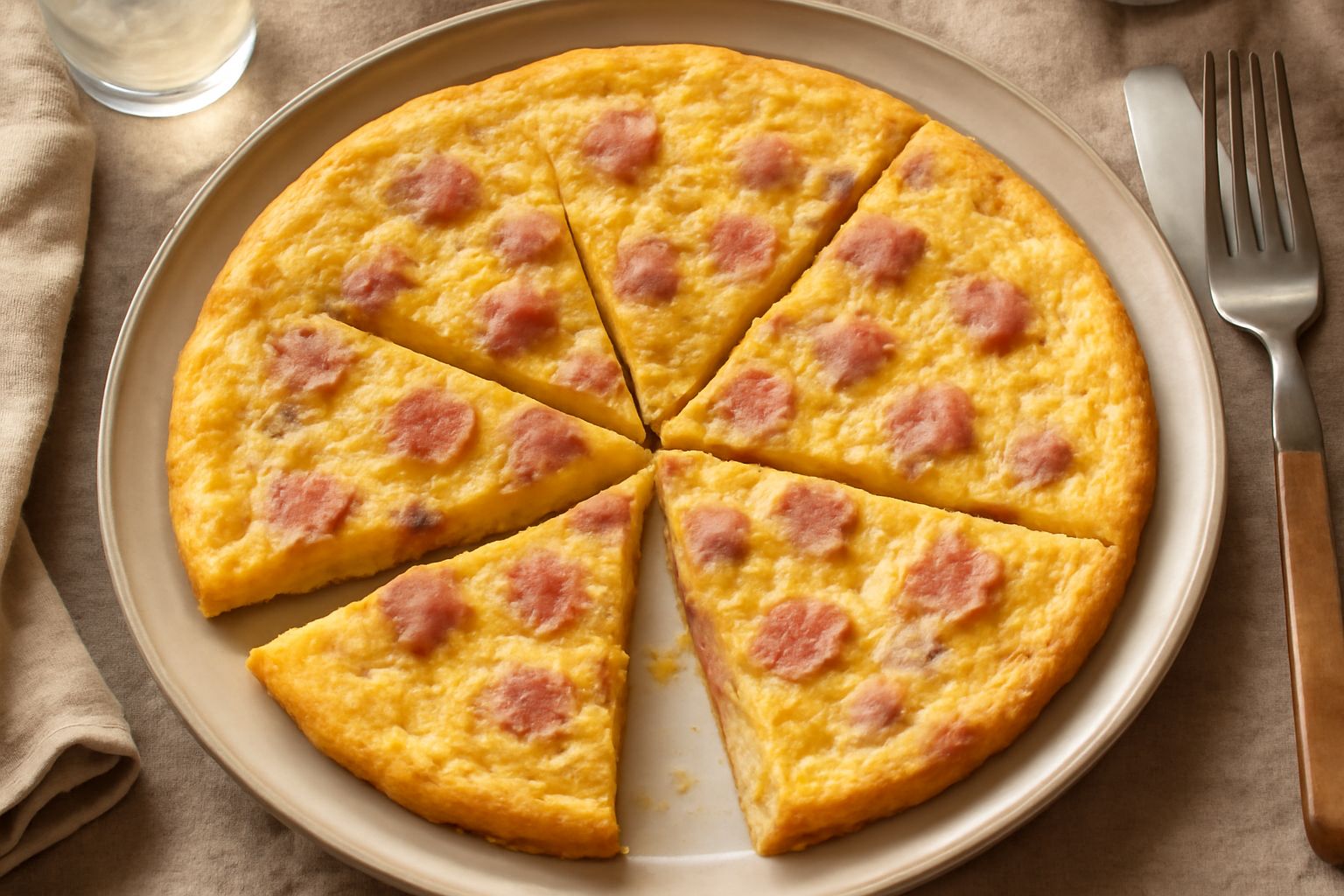 Frittata di midollo tagliata in spicchi, colore giallo dorato con sfumature marroni, midollo visibile all'interno, servita in piatto bianco con contorno di rucola e limone