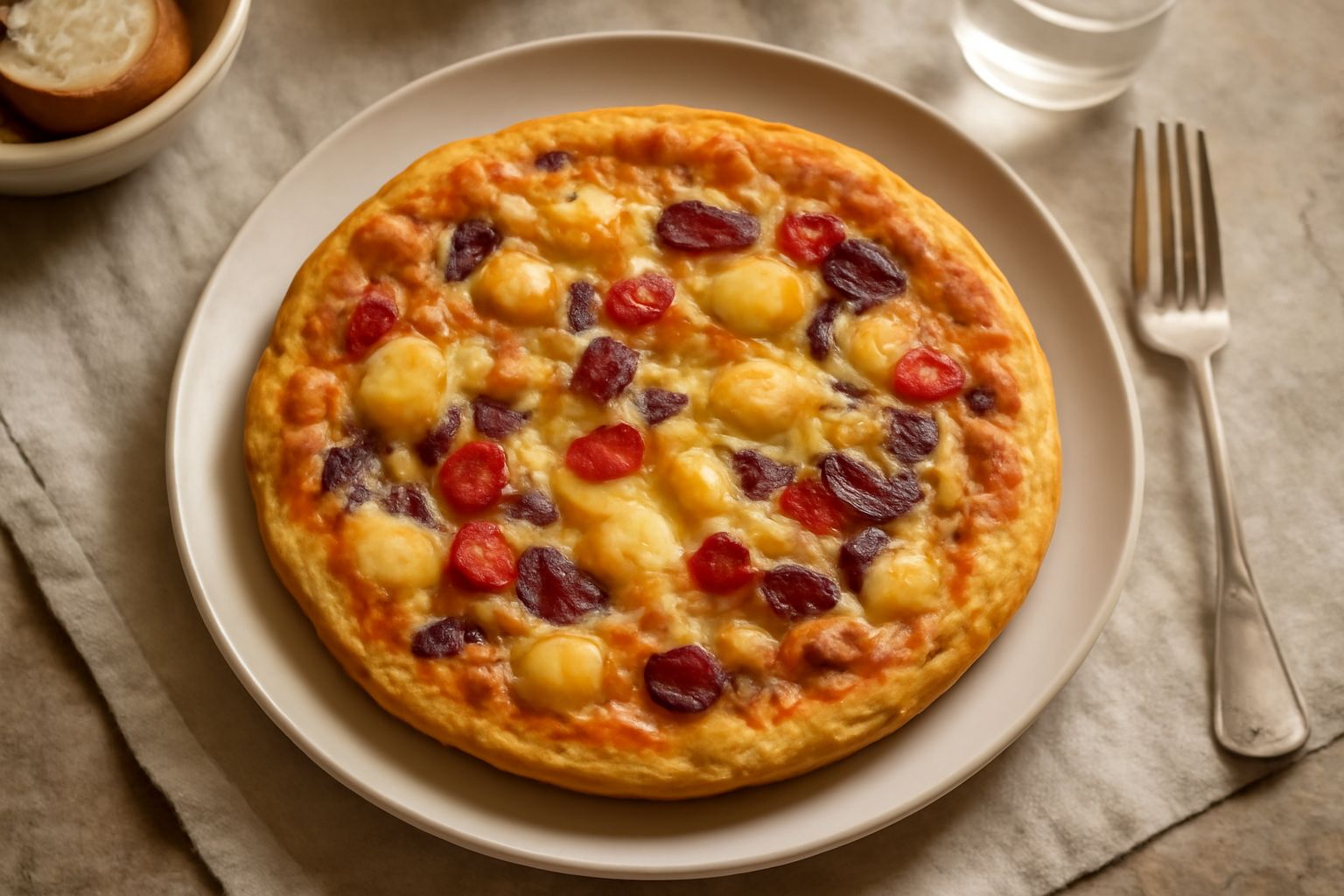 Frittata dorata e gonfia tagliata a spicchi nel piatto, con patate, melanzane viola, peperoni rossi visibili in sezione, formaggio fuso leggermente tostato sulla superficie superiore, contorno di insa