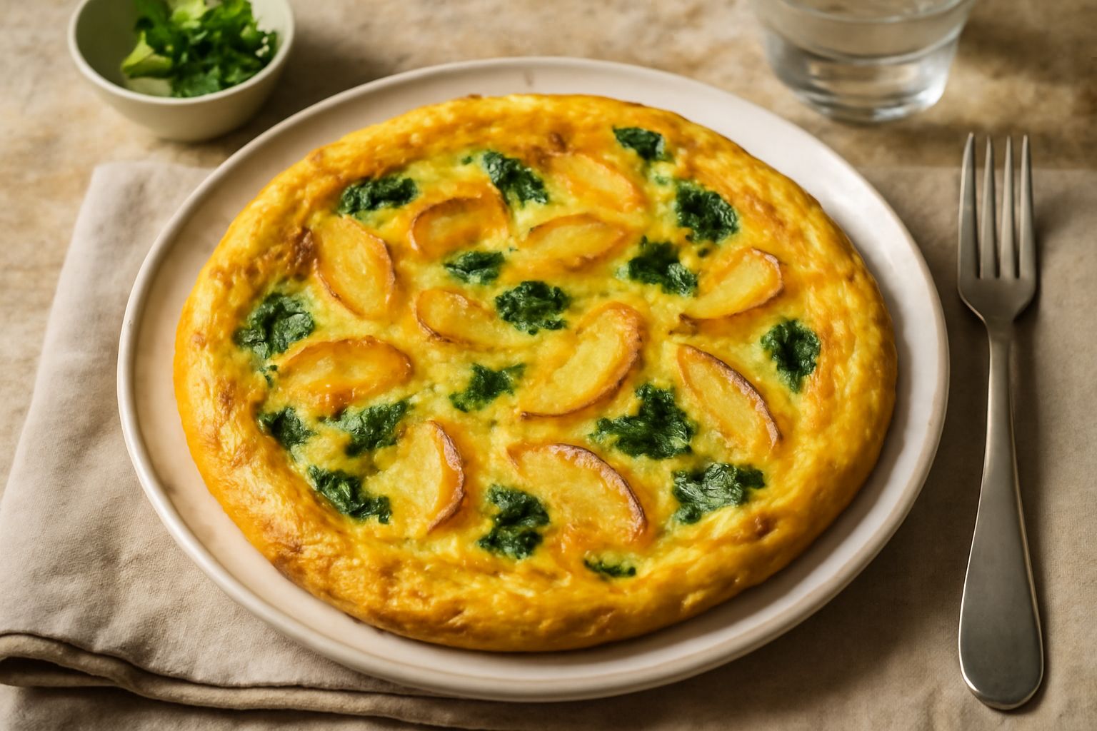 Frittata dorata e gonfia nel piatto bianco, con patate tagliate a dadini e pezzi di verdura verde visibili sulla superficie, tagliata a spicchi