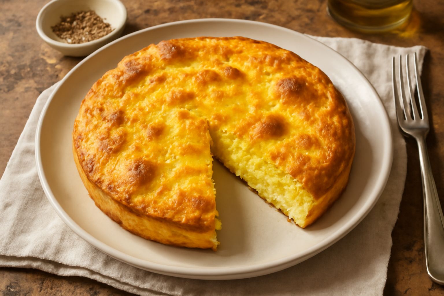 Frittata dorata e gonfia nel piatto bianco, tagliata in spicchi, con superficie croccante ai bordi e interno morbido, guarnita con prezzemolo fresco e accompagnata da pane tostato