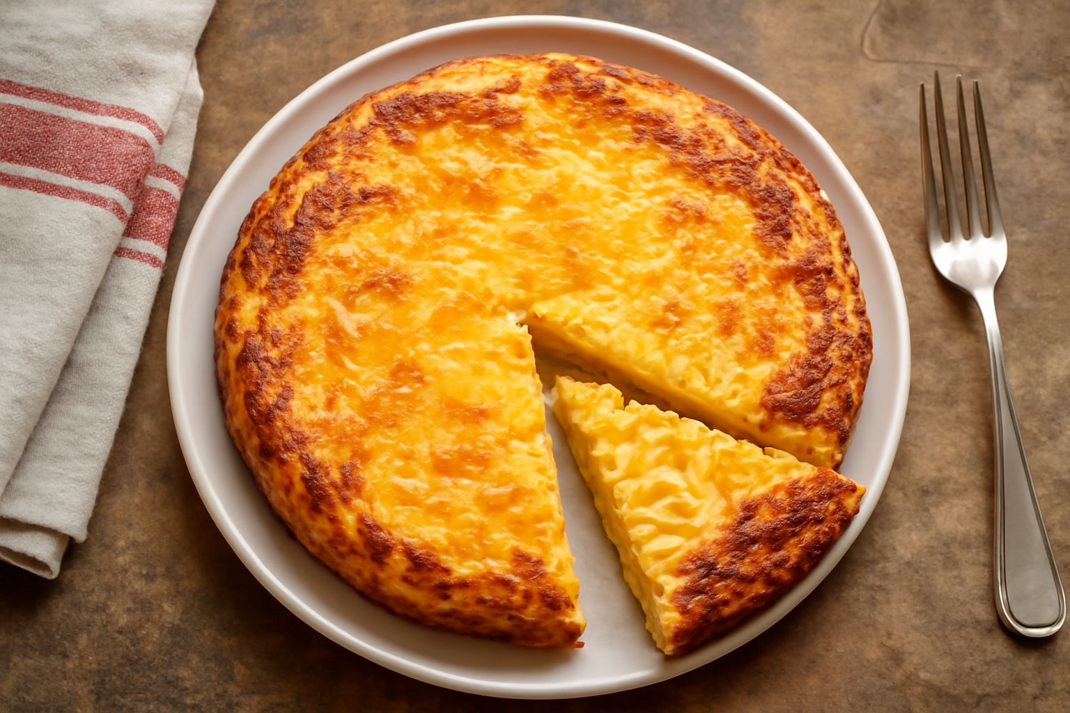 Frittata di pasta tagliata a spicchi, color giallo dorato, con visibili fili di pasta dentro, ricoperta di formaggio fuso, servita in un piatto bianco con fondo di cucina in legno