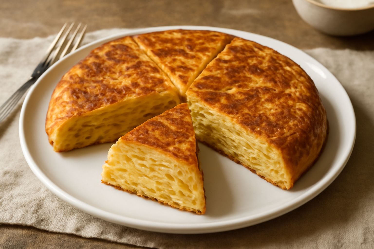 Frittata di pasta cotta tagliata in spicchi, con superficie dorata e uniforme, con sfumature dorate ai bordi, guarnita con prezzemolo fresco, servita in un piatto bianco su tavolo di legno