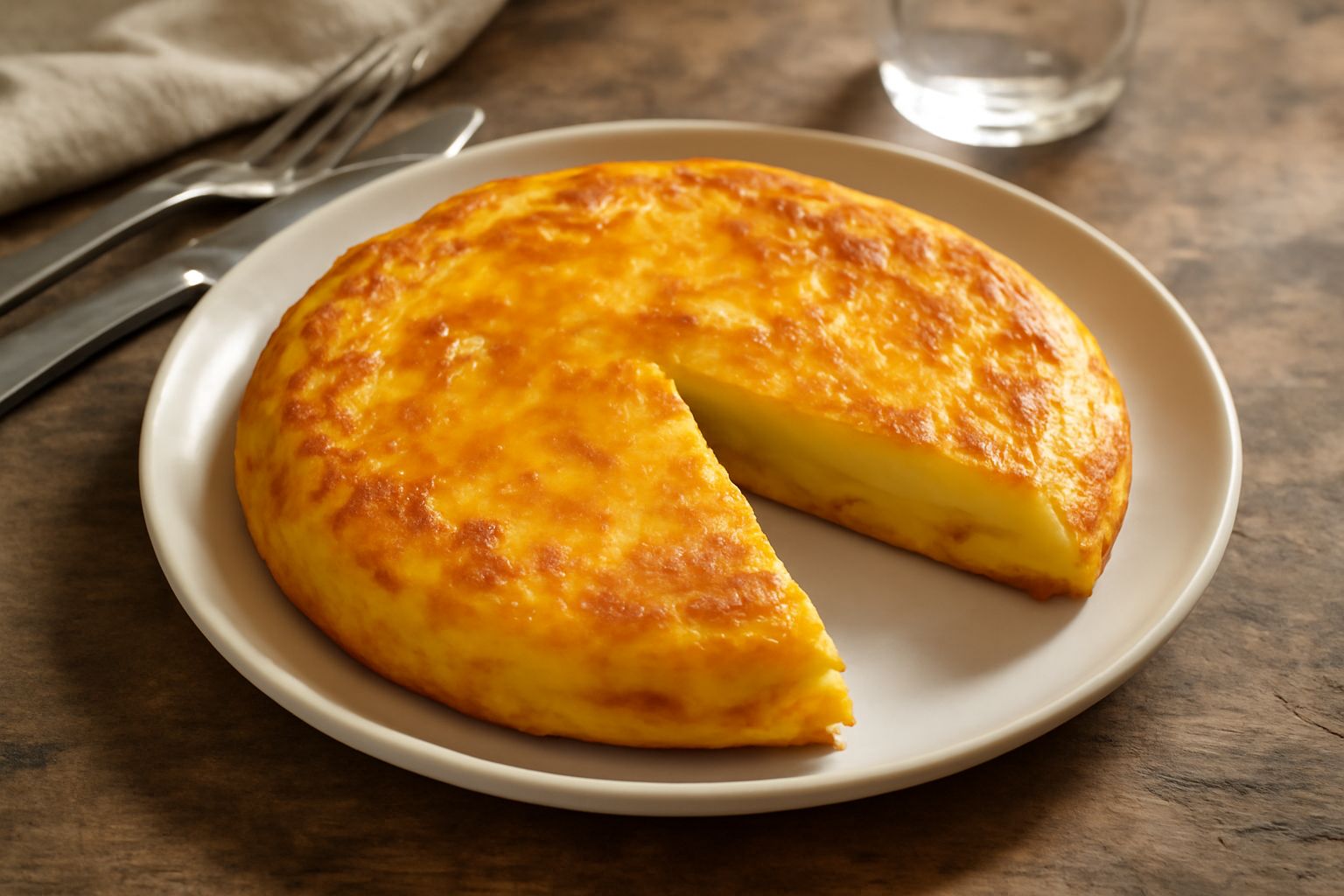 Una frittata di patate tagliata a spicchi in una padella di ghisa, con patate gialle ben visibili all'interno, uova dorate e croccanti ai bordi, guarnita con prezzemolo fresco.