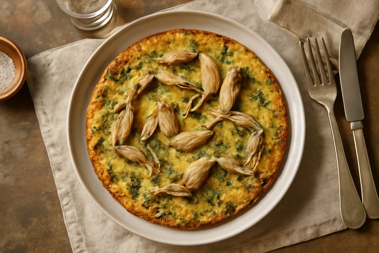 Frittata di rane dorata e gonfia nel piatto bianco, con bordi croccanti e superficie leggermente ondulata, cosparsa di prezzemolo fresco tritato e limone a fette sul contorno
