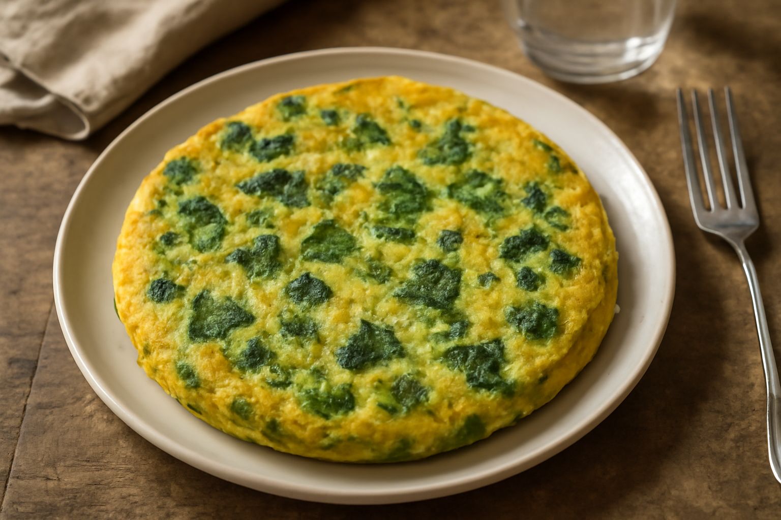 Frittata giallo-dorata con bordi leggermente dorati in padella antiaderente, con visibili pezzetti di verdure colorate e formaggio filante, tagliata a spicchi