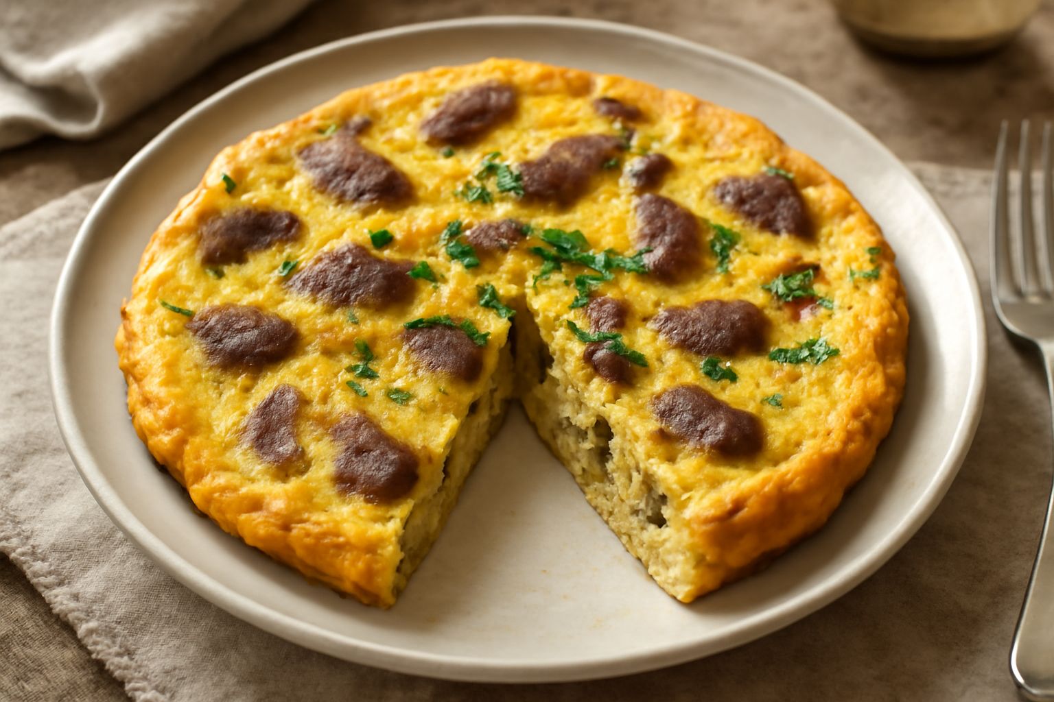 Frittata di rigaglie dorata in padella, con spicchi di fegato visibili in superficie, guarnita da prezzemolo fresco, bordi leggermente croccanti, su sfondo bianco