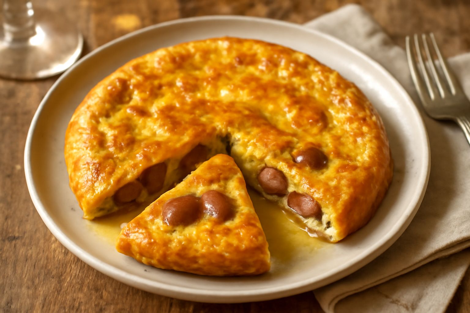 Frittata di rognone dorata in padella di ferro, con pezzi di rognone visibili in sezione, bordi leggermente ricci, cibo servito con prezzemolo fresco tritato e fetta di limone accanto