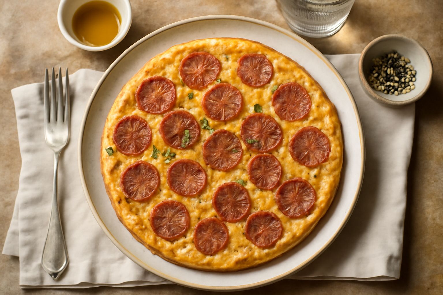 Frittata rotonda e dorata in padella di ferro, con fette di salame rosso visibili nella trama dell'uovo, completata da origano fresco e formaggio grattugiato sulla superficie, servita su un piatto bia