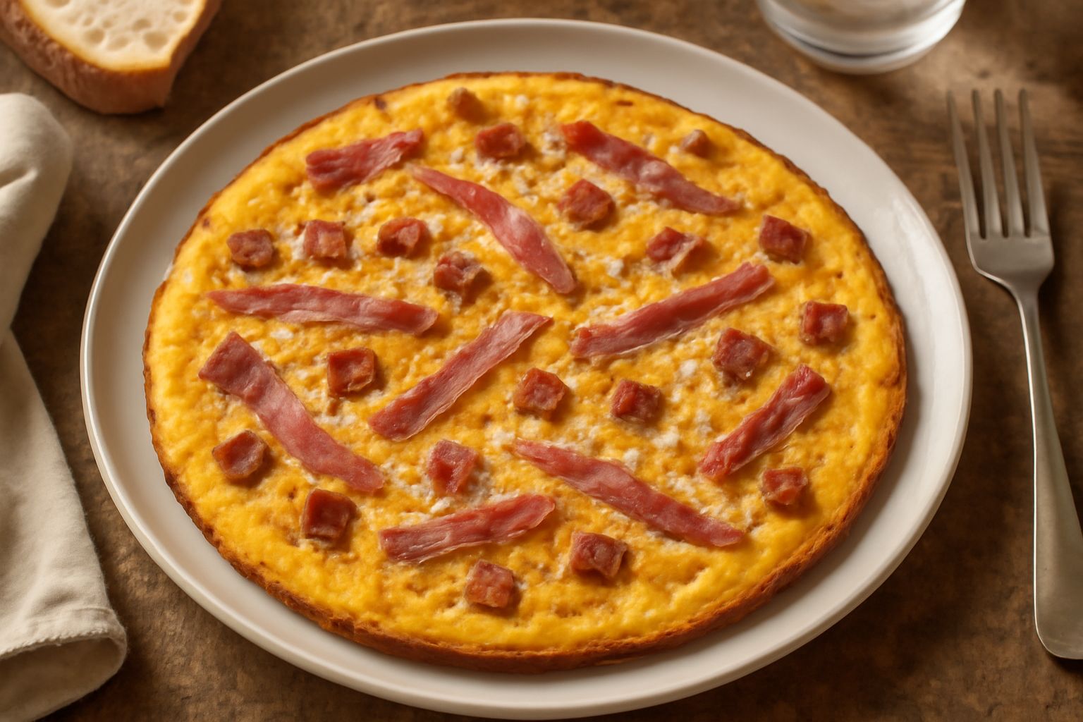 Frittata di salumi in padella, colore giallo dorato con strisce di prosciutto rosa e pancetta marrone, bordi lievemente croccanti, formaggio fuso sulla superficie, impiattata in un piatto bianco con c