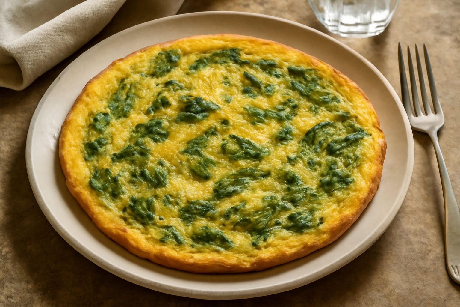 Frittata di scarola dorata in padella antiaderente, con scarola verde che spunta dai bordi, completamente cotta e servita nel piatto bianco