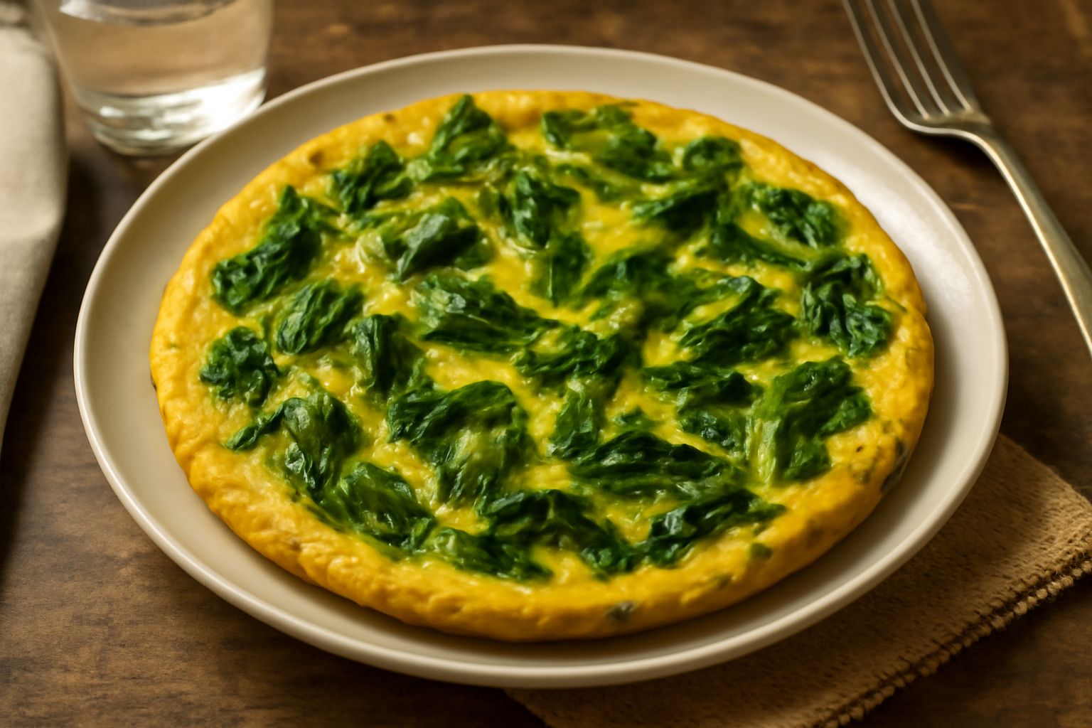 Frittata di scarole dorata appena sfornata, con bordi leggermente rialzati, scarole verdi visibili all'interno, servita in piatto bianco con fetta già tagliata, tavolo di legno