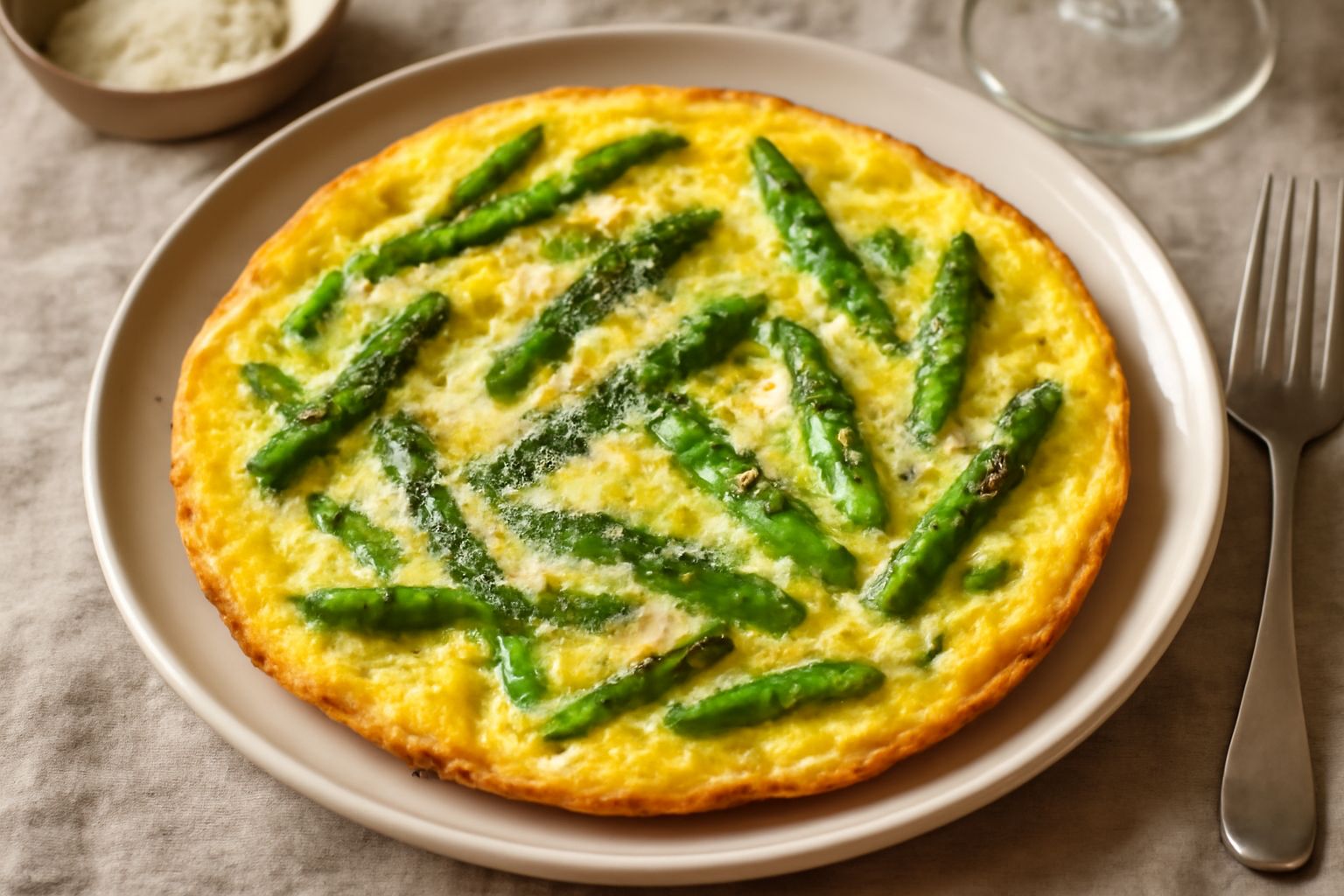Frittata di sparaggi servita in una padella di ferro, dorata ai bordi, con sparaggi verdi visibili all'interno, il centro leggermente morbido, decorata con parmigiano grattugiato e prezzemolo fresco