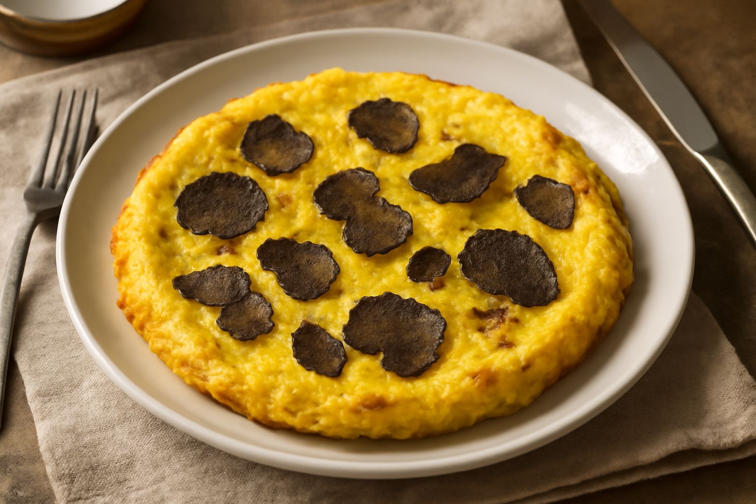 Frittata dorata con lamelle di tartufo nero sparse sulla superficie, servita in un piatto bianco, con bordi leggermente croccanti e centro cremoso, decorata con prezzemolo fresco