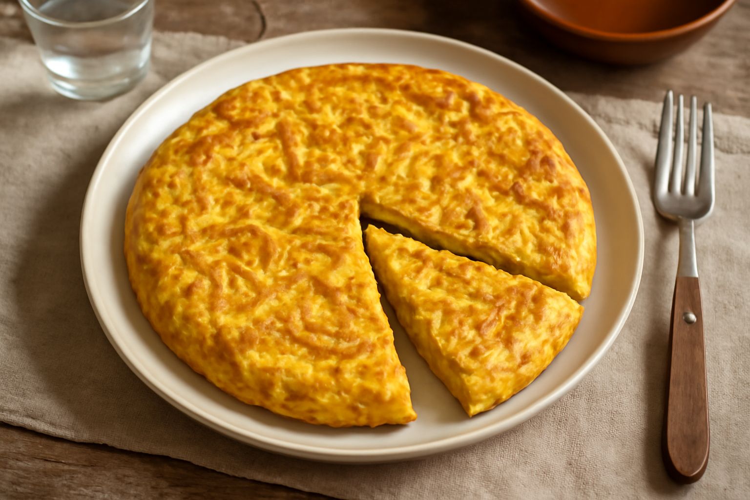Frittata di trippa tagliata a spicchi in un piatto bianco, colore giallo dorato con strisce di trippa visibili, erba cipollina fresca su topostrello