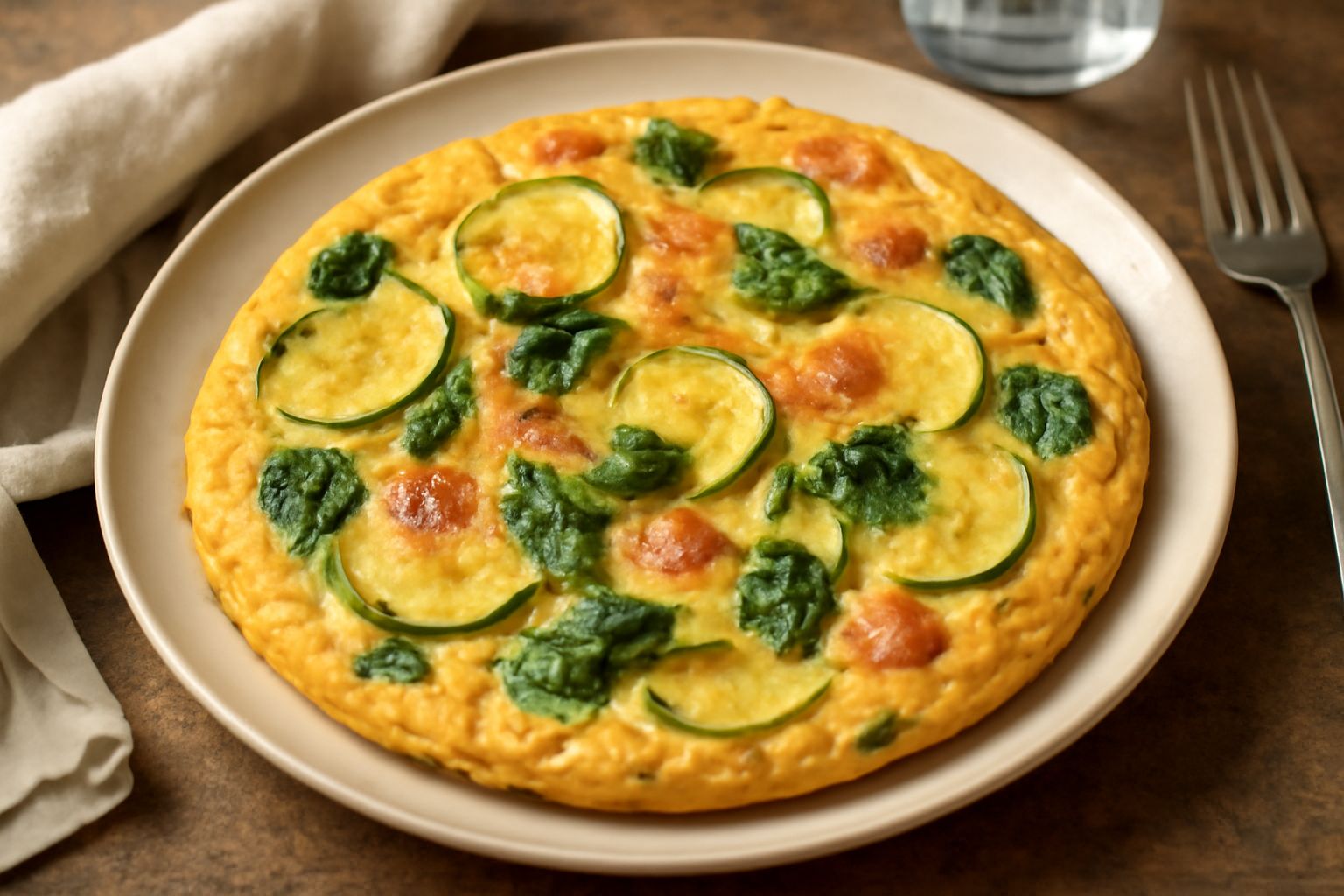 Frittata dorata di verdure in padella, con superficie leggermente gonfia e colors vivaci di spinaci verdi, zucchine grigie e pomodori rossi, pronta da servire