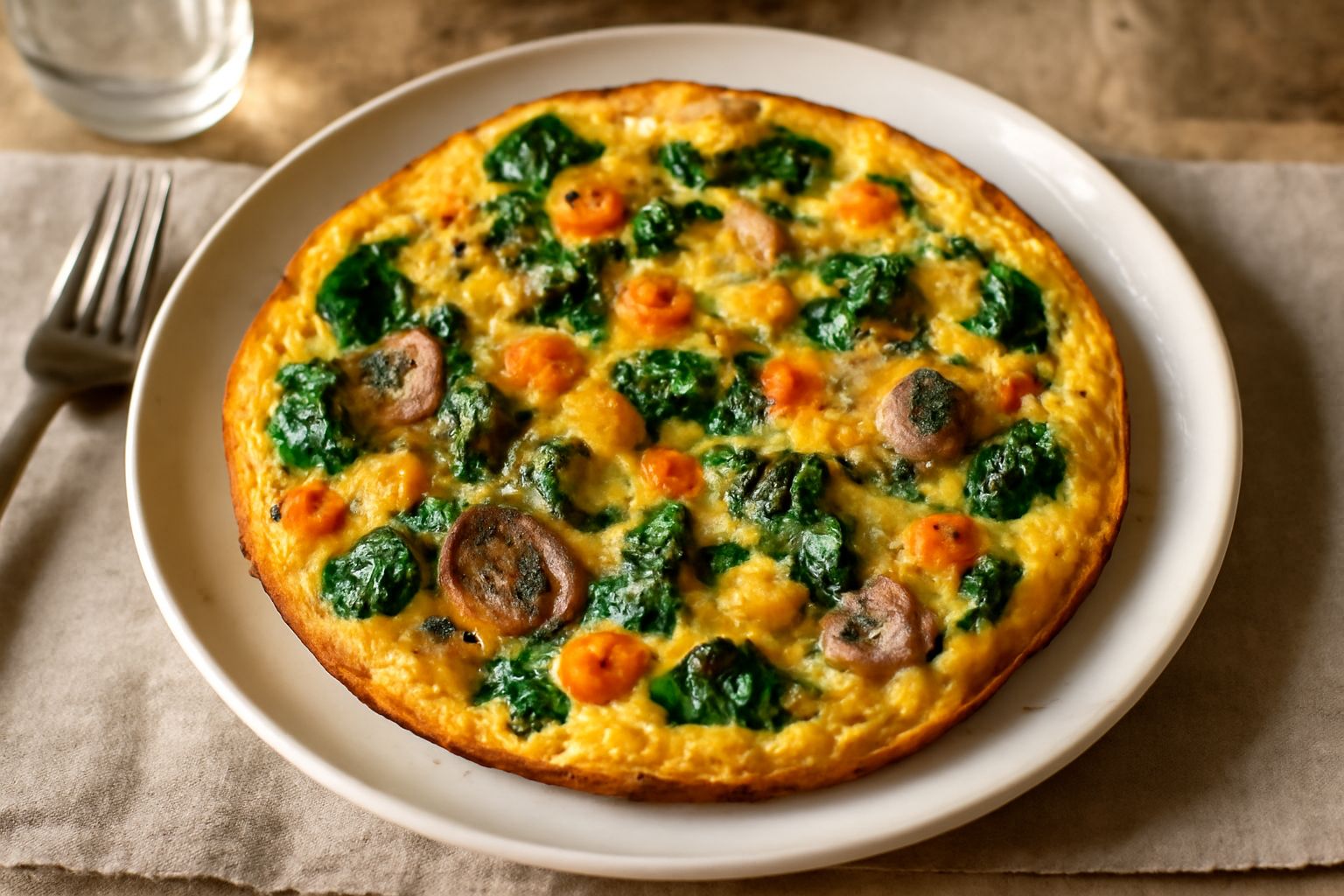 Frittata giallo dorata tagliata a spicchi nel piatto, ripiena di verdure verdi e arancioni, con bordi croccanti e interno morbido, guarnita con prezzemolo fresco