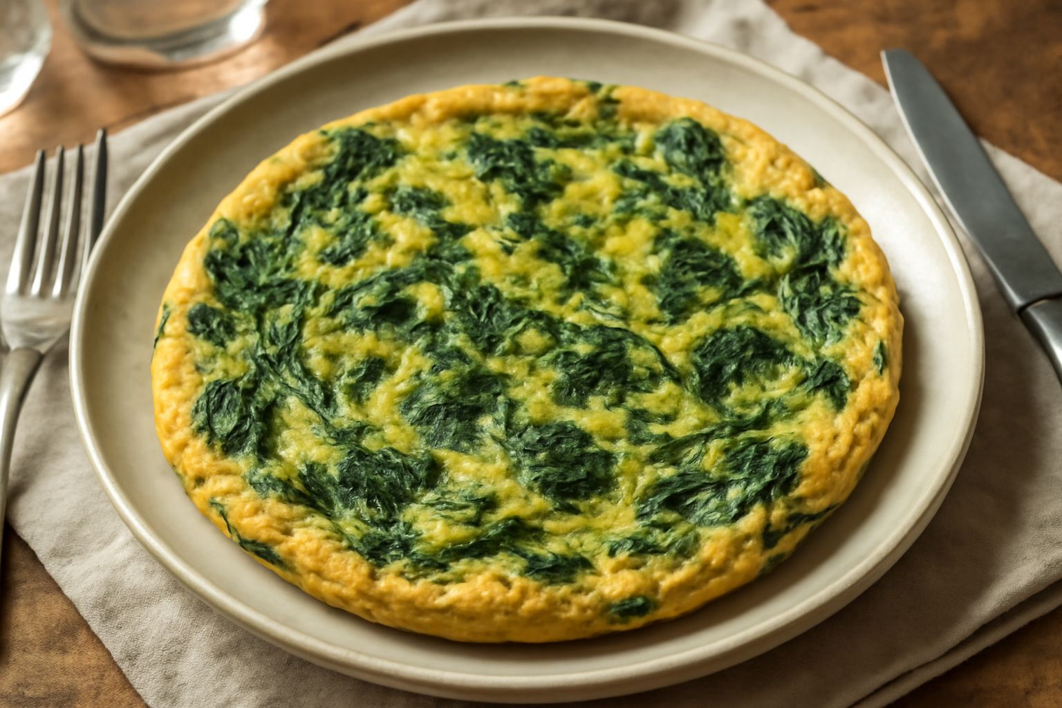 Frittata dorata tagliata a spicchi nel piatto, con verdure di campo verdi visibili all'interno, servita tiepida con fettine di limone fresco sul bordo