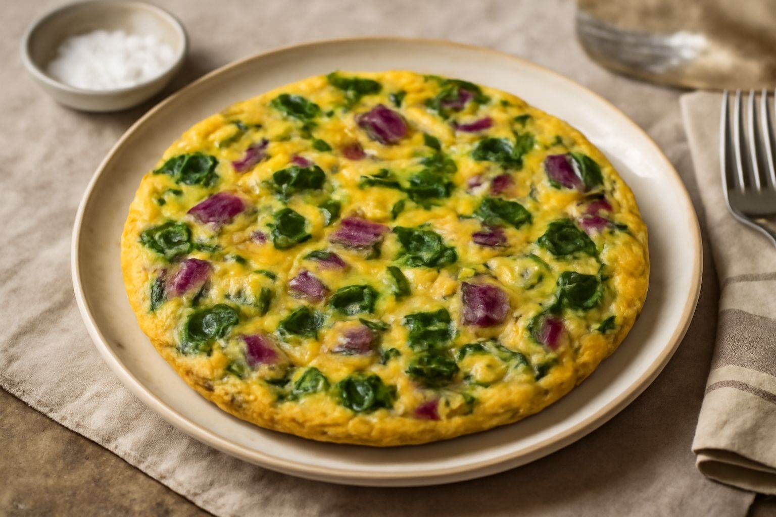 Frittata dorata tagliata in spicchi, con verdure multicolore: zucchine verdi, melanzane viola, pomodori rossi, cipolla color oro. Servita in piatto bianco, profilo gonfiato e uniforme.