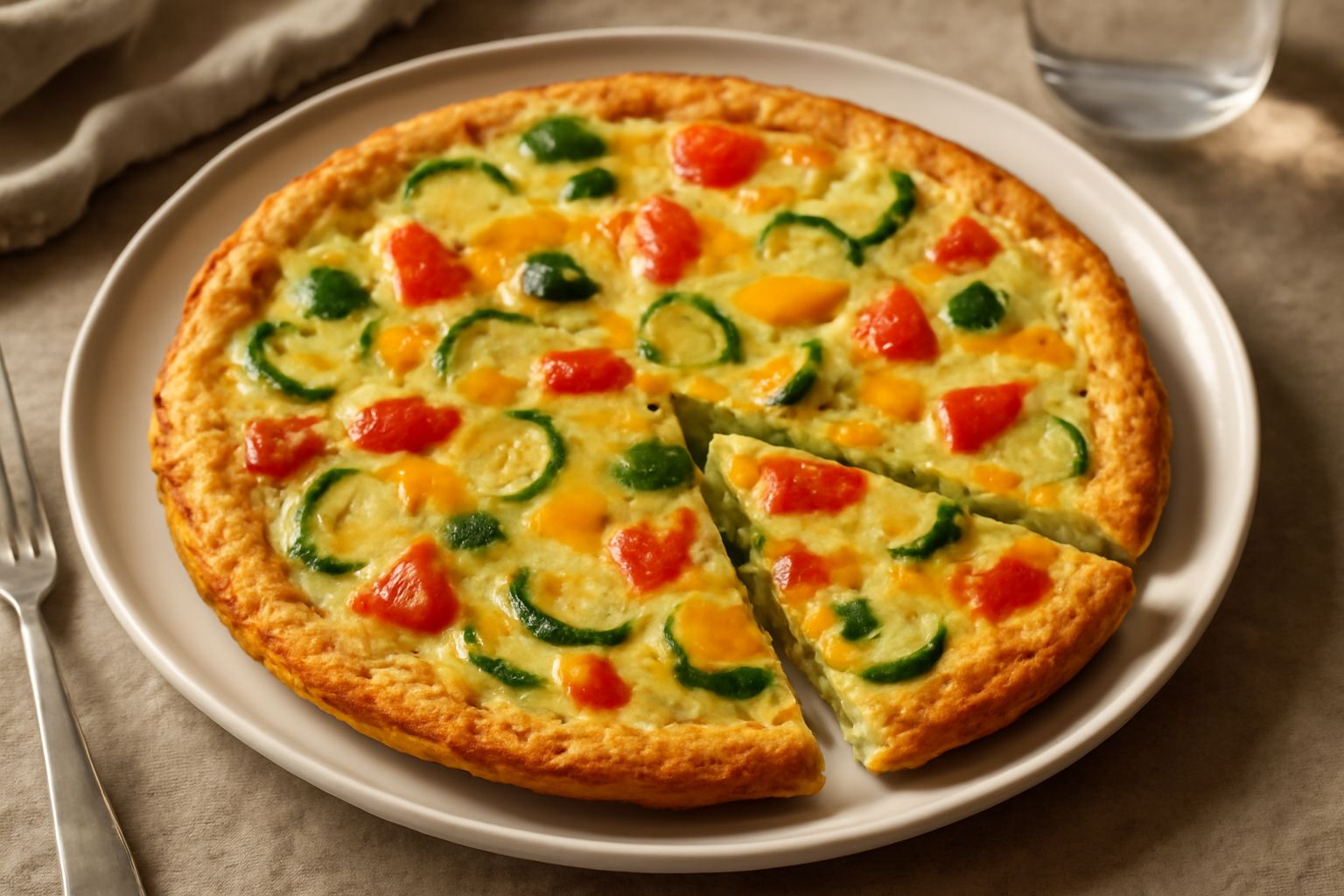 Una frittata rotonda e dorata servita in un piatto bianco, con fette di zucchina, pomodori rossi, peperoni gialli e spinaci verdi ben visibili, circondata da prezzemolo fresco