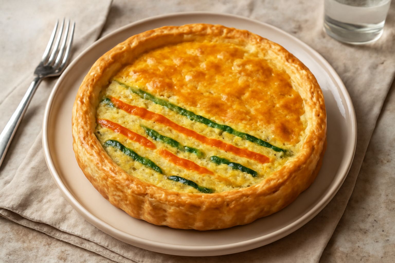 Frittata dorata avvolta in crosta di pasta sfoglia croccante, tagliata a spicchi, con verdure colorate visibili all'interno: zucchine verdi, peperoni rossi, melanzane viola, cipolla bianca. Servita su