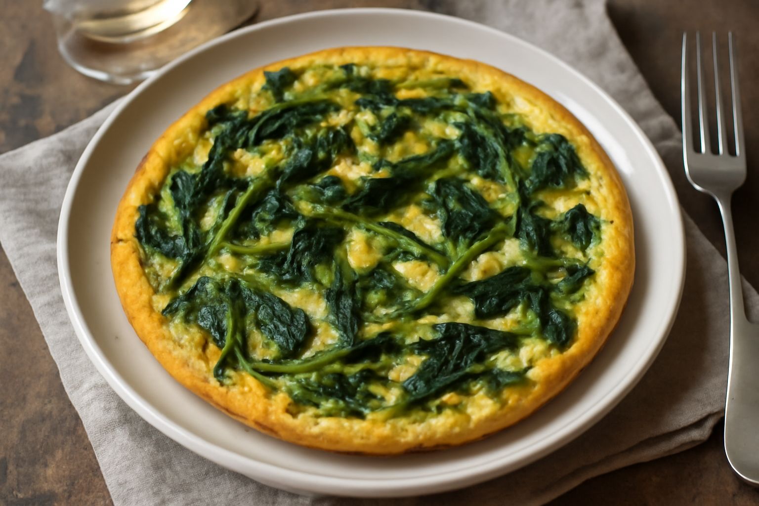 Frittata rotonda dorata con verdure verdi scure sparse uniformemente, servita nel tegame antiaderente su tavolo di legno chiaro, con limone a fettine accanto