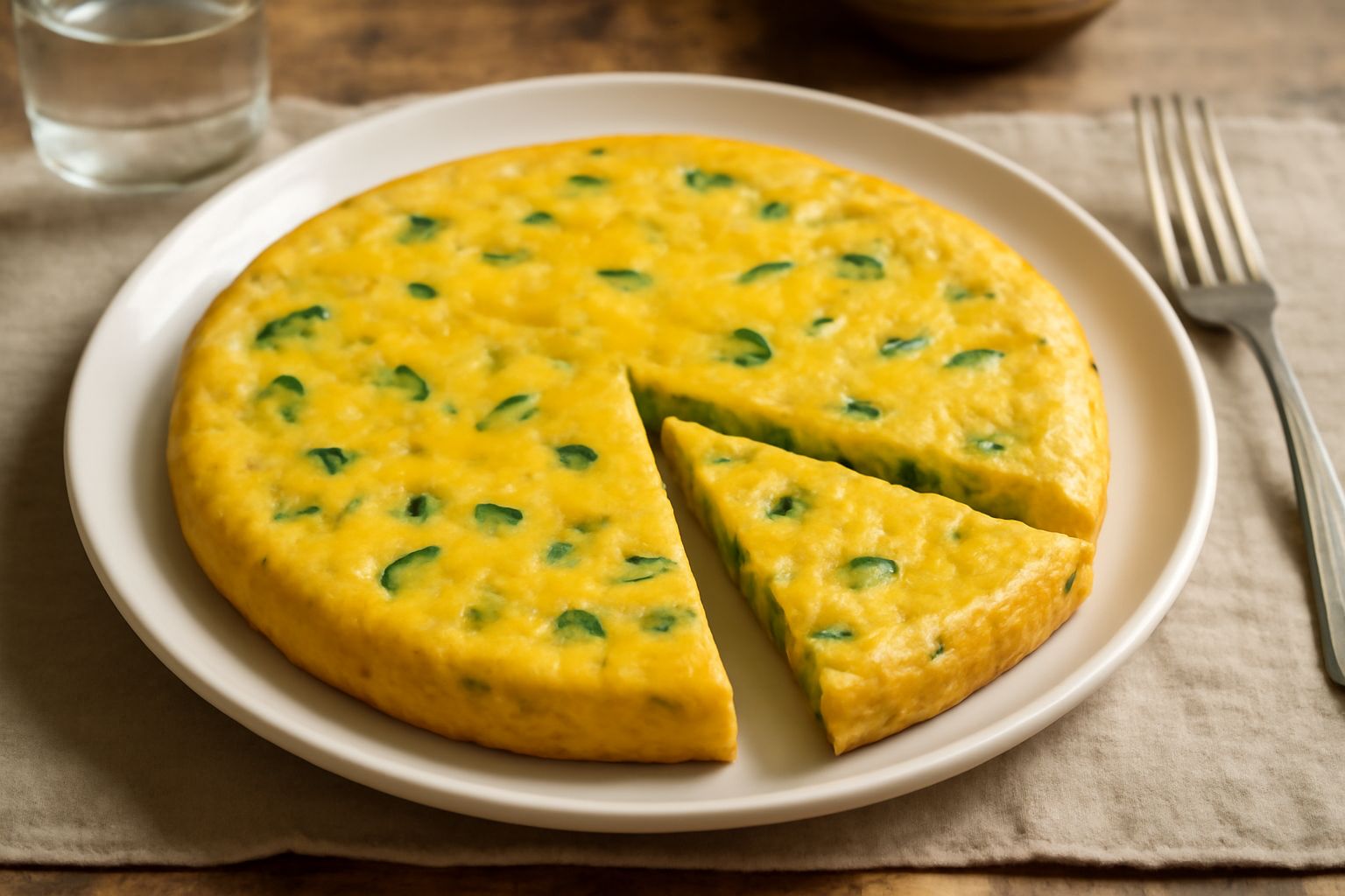 Frittata di zucchina tagliata a spicchi in un piatto bianco, con il centro giallo dorato e i bordi leggermente dorati, zucchine verdi ben visibili, servita su carta o su un tavolo di legno chiaro