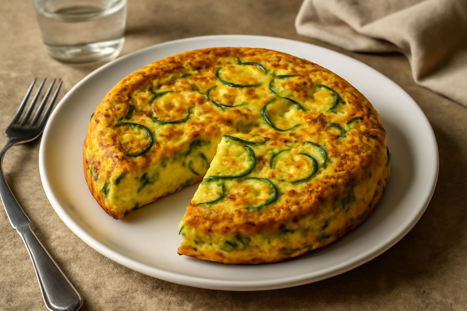 Frittata di zucchine gialla e gonfia in padella di ferro, con zucchine verdi visibili all interno, non completamente cotta al centro, riflessi di olio sul bordo
