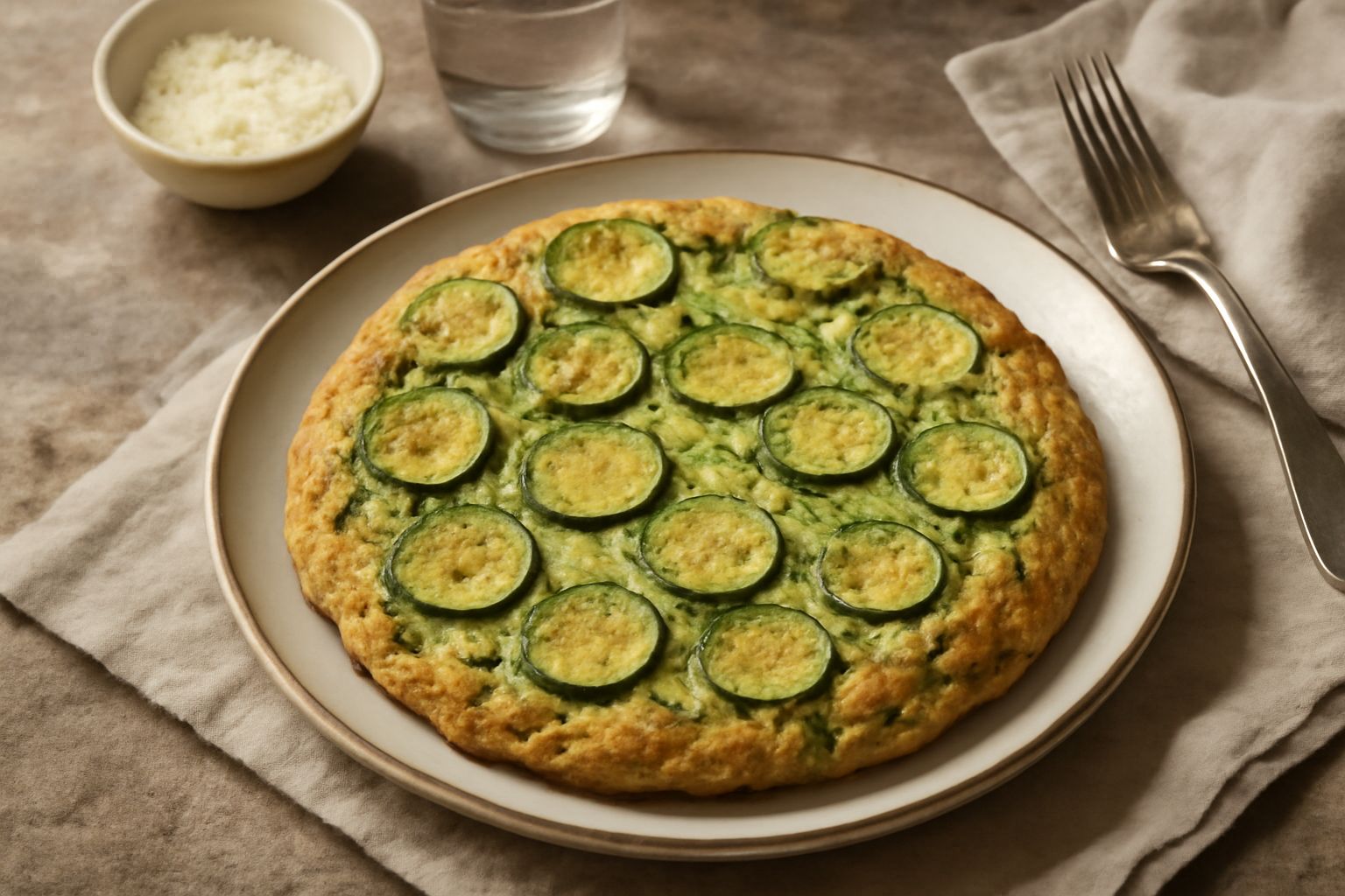 Frittata di zucchine appena cotta in padella di ferro, superficie dorata con fette di zucchina verde visibili, pronta al taglio