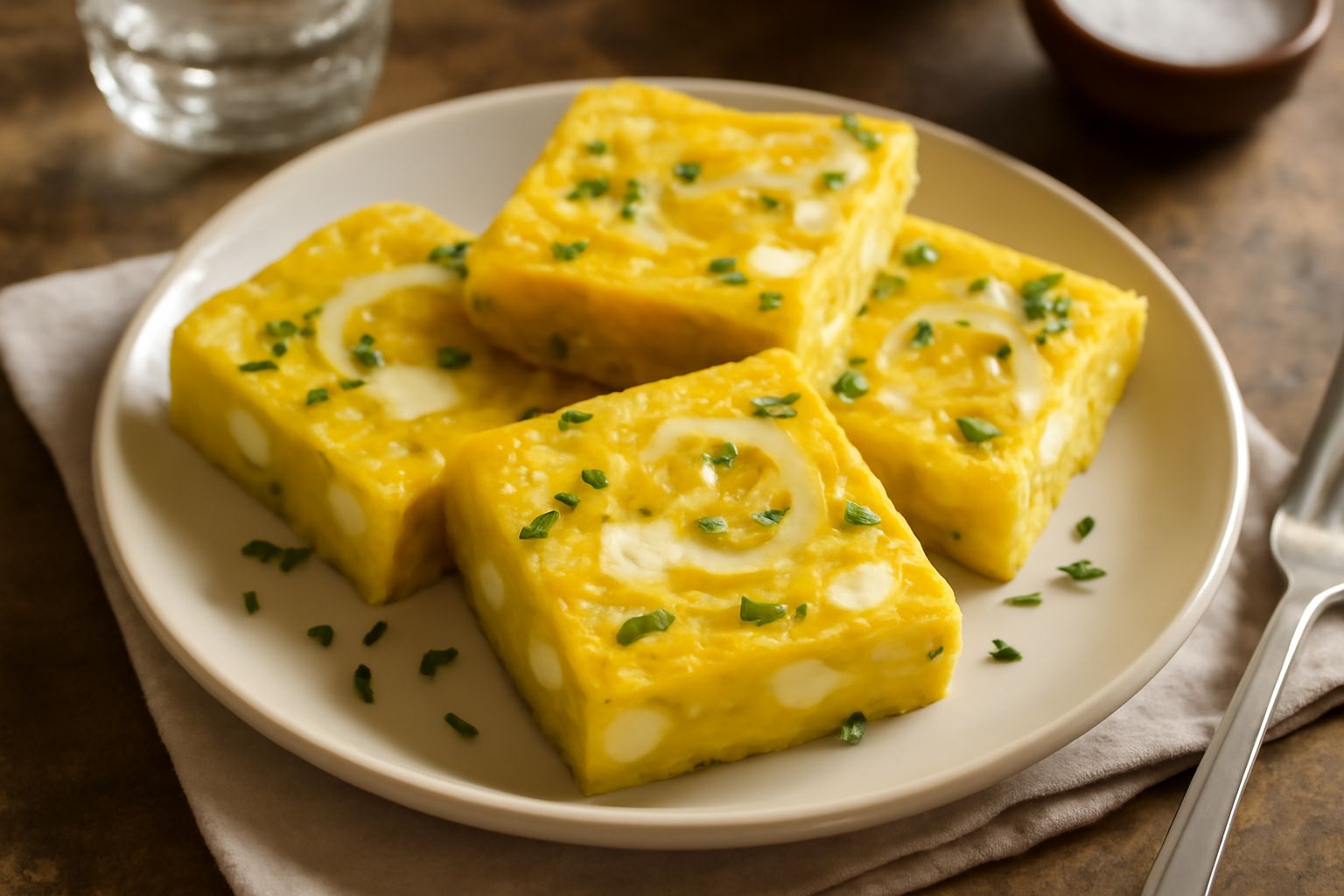 Frittata fredda gialla e dorata tagliata a spicchi quadrati, con visibili cubetti di formaggio bianco, fette di cipolla trasparente e prezzemolo verde sopra, su un piatto bianco con tovaglia a quadri 