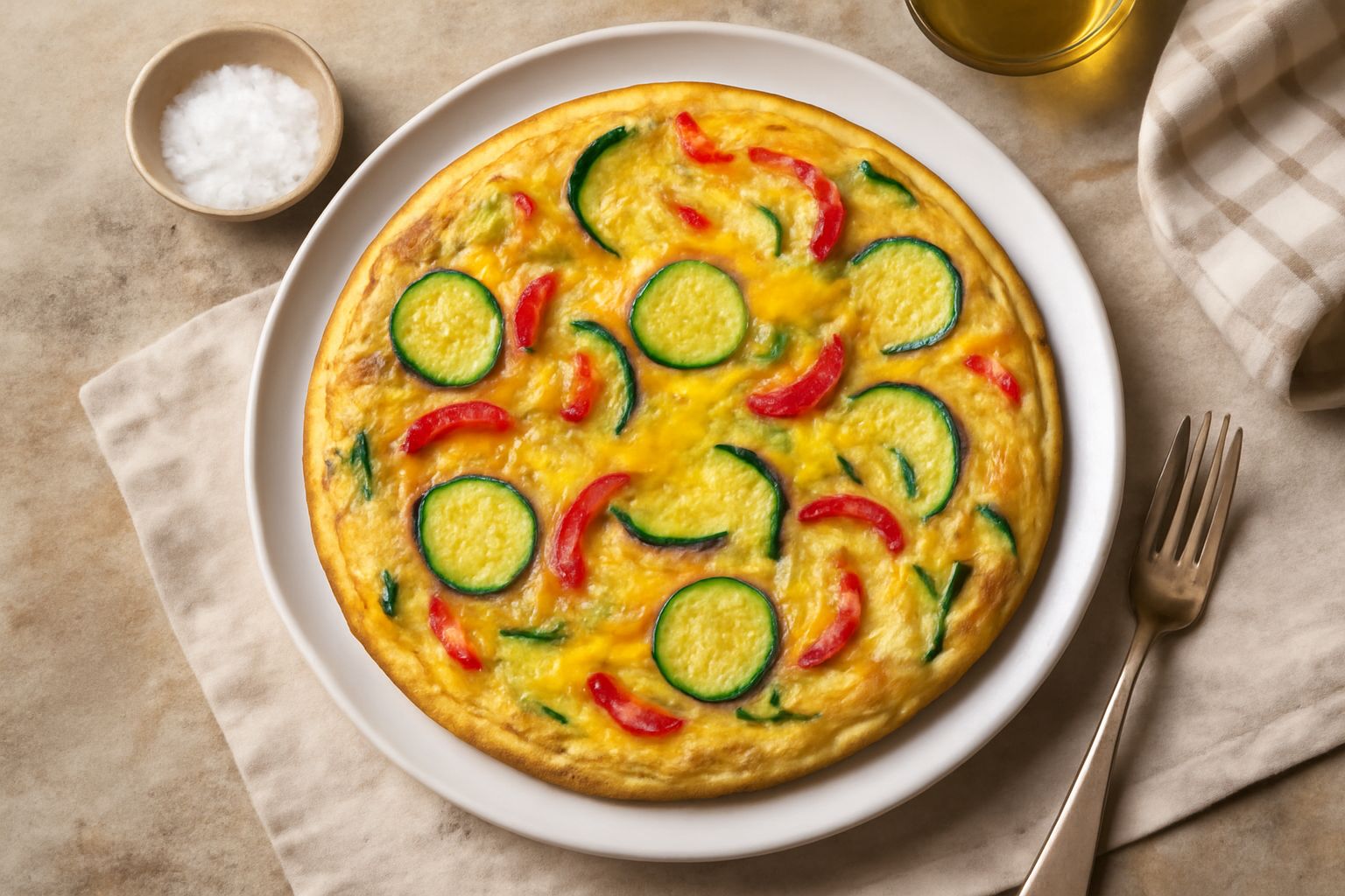 Una frittata dorata tagliata a spicchi con zucchine verdi, peperoni rossi e gialli, cipolle bianche e prezzemolo fresco sparso in superficie, servita su un piatto bianco opaco
