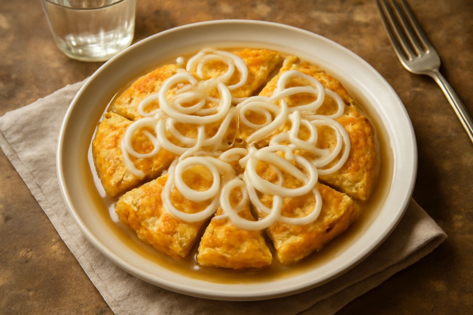 Frittata dorata tagliata a spicchi nel piatto bianco, ricoperta di marinata trasparente agrodolce con cipolle affettate sottili e aceto visibile, guarnita con prezzemolo fresco verde