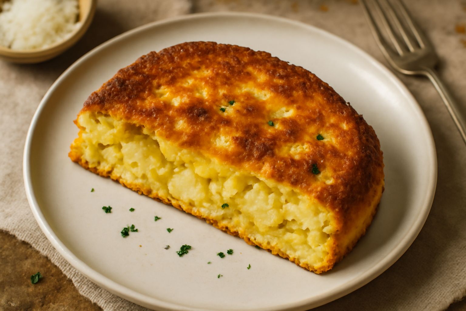 Una frittata in pane dorata e croccante, affettata e servita in un piatto bianco con rosmarino fresco e una salad di contorno, colore giallo oro della pasta con pezzi di pane visibili