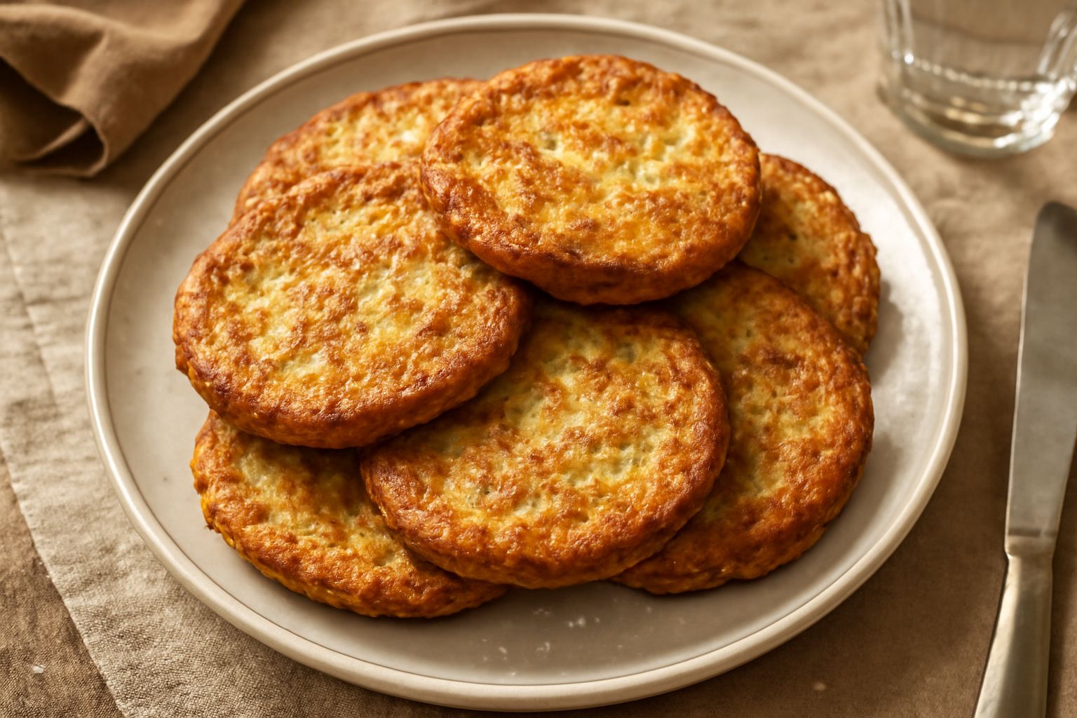 Frittatelle di melanzana dorate e croccanti impilate nel piatto, ancora fumanti, con sale grosso sparso in superficie e una piccola ciotola di maionese a lato