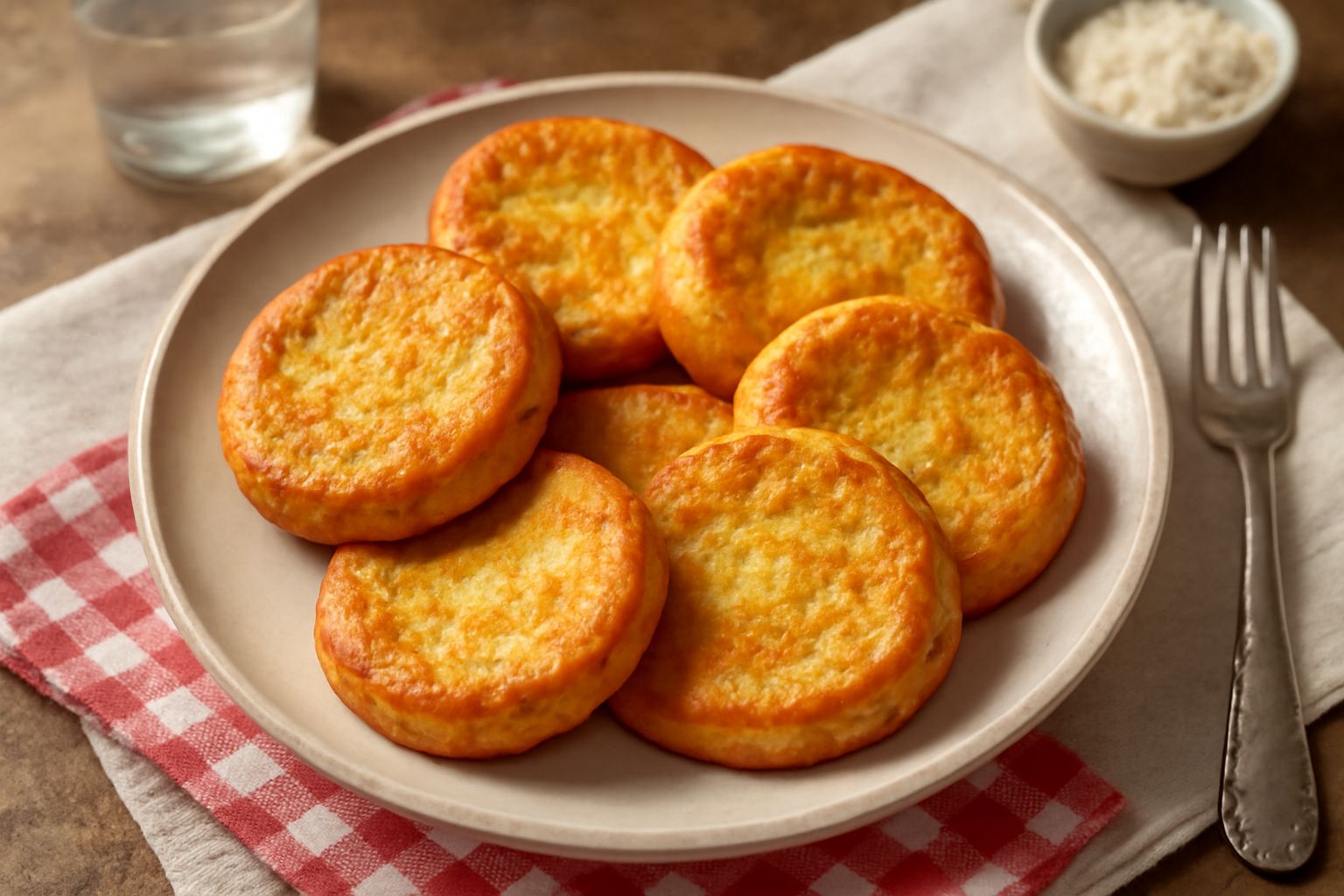 Frittatine dorate e rotonde appaiate in fila su un piatto bianco, con superficie gonfia e dorata, guarnite con prezzemolo fresco