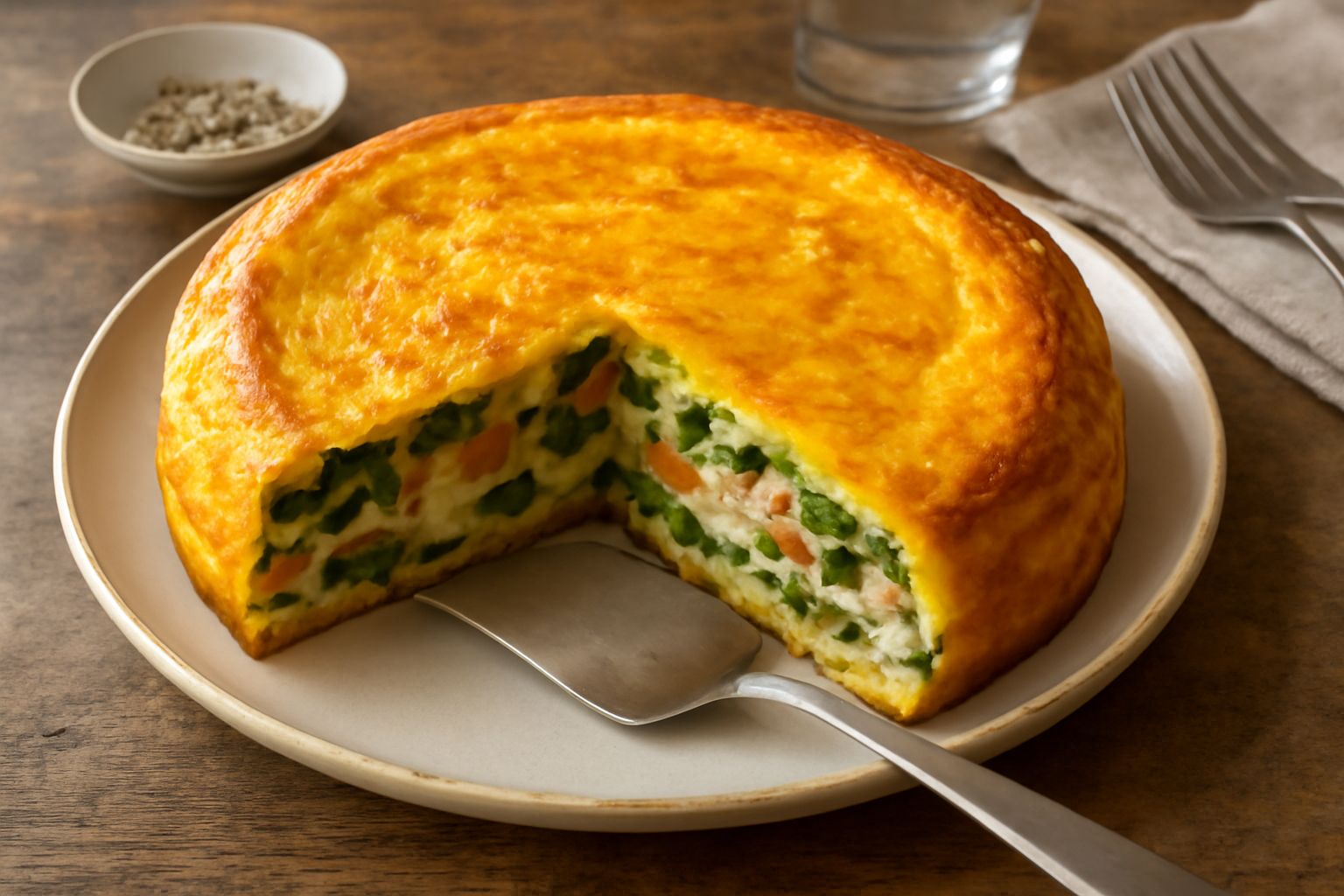 Una frittatone dorata e gonfia in una padella nera, con bordi leggermente caramellati, tagliata in spicchi, con verdure colorate visibili all'interno e formaggio filante