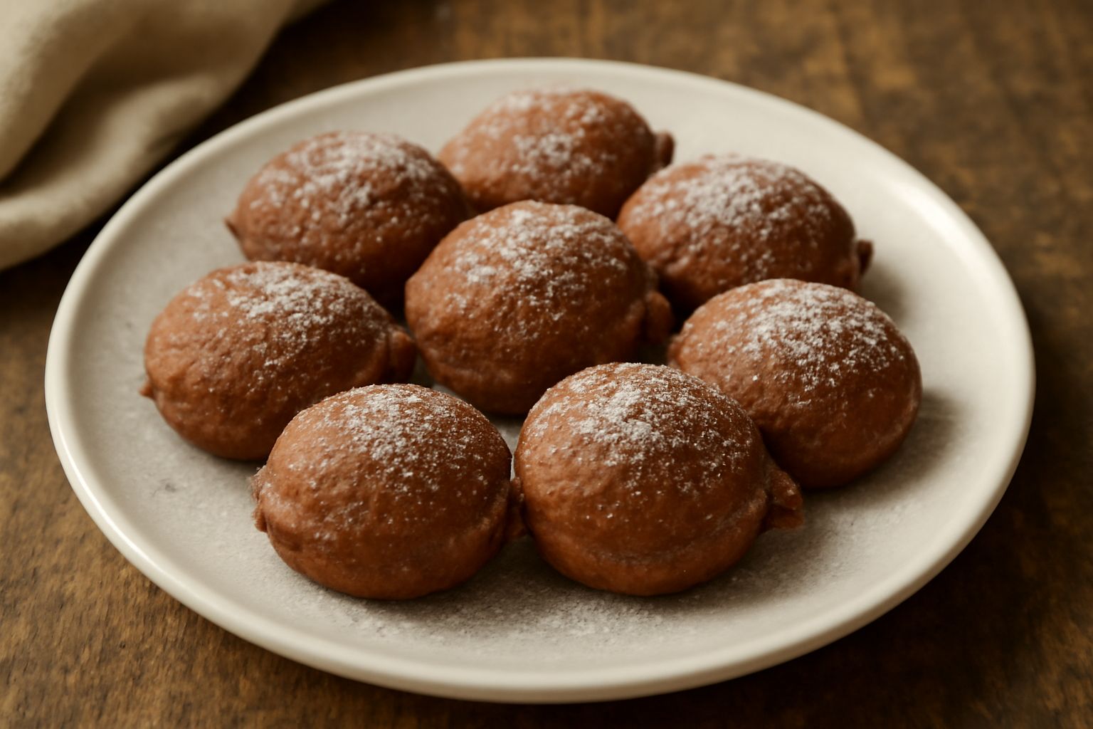 Frittelle di castagne dorate e croccanti, impilate su un piatto bianco, cosparse di zucchero a velo, con castagne intere e foglie autunnali sullo sfondo