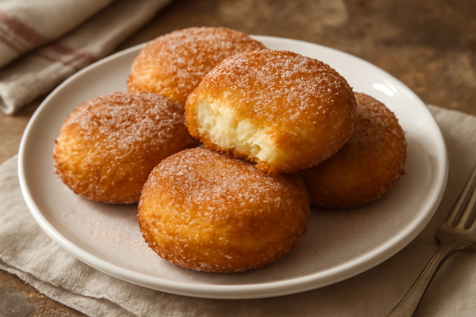 Tre frittelle di pane e ricotta dorate e croccanti in superficie, appoggiate su un piatto bianco, condite con zucchero semolato e una spruzzata di cannella