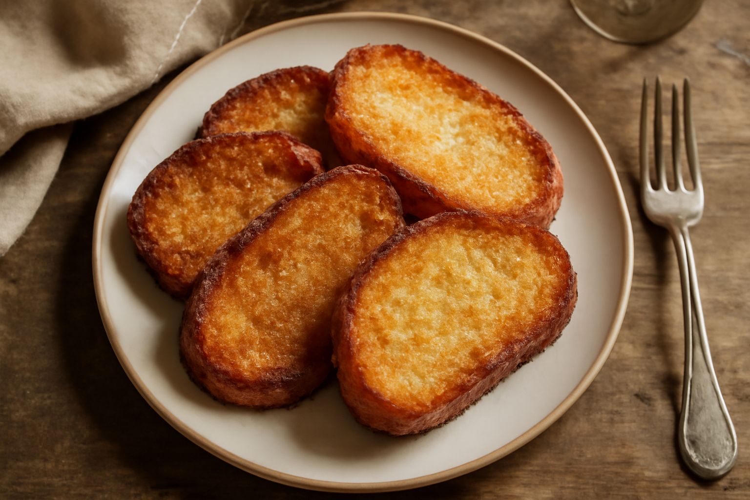 Frittelle di pane dorate e croccanti impilate in un piatto bianco, ricoperte da una leggera spolverata di zucchero di canna, con i bordi caramellati visibili