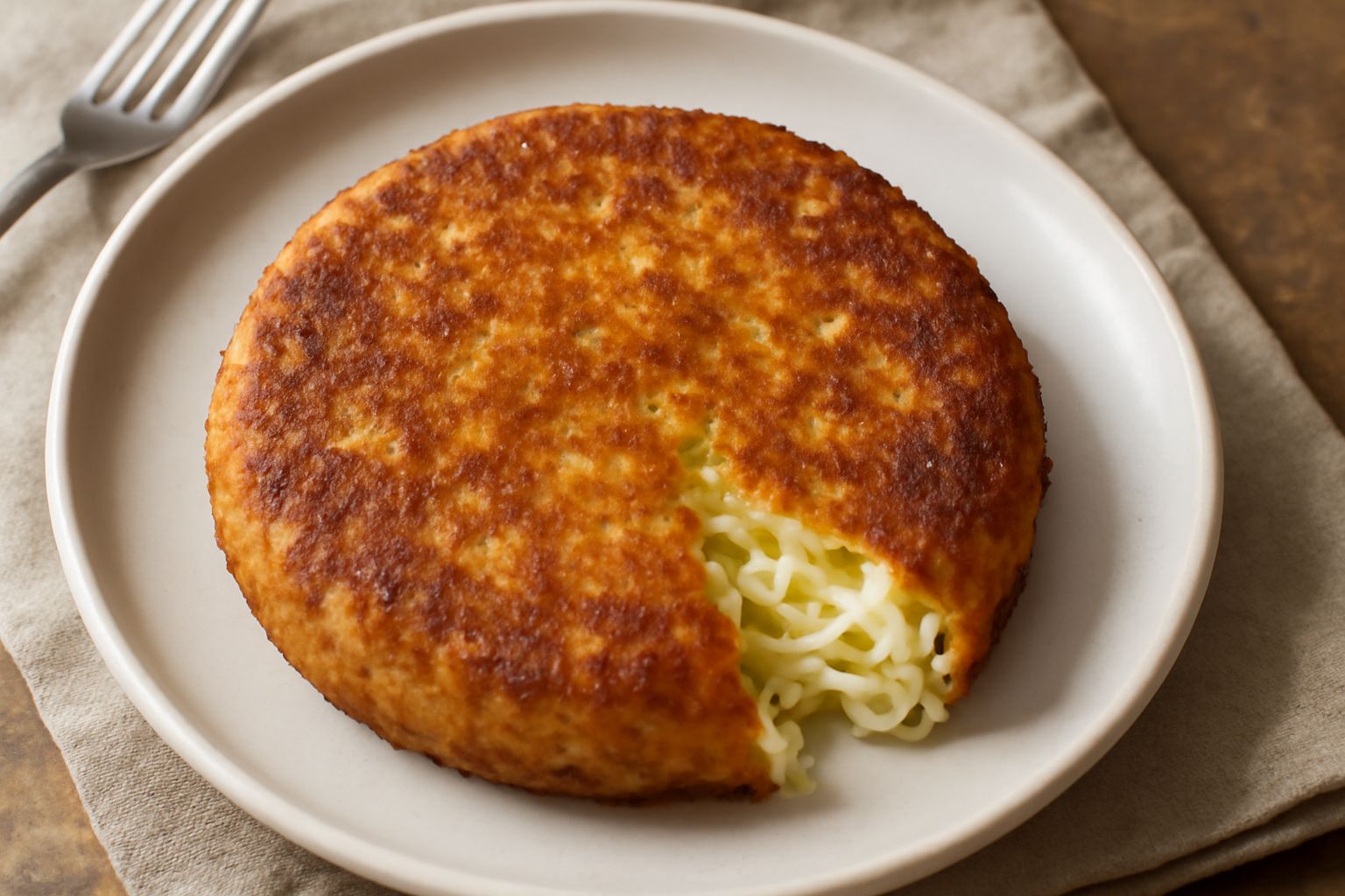 Frittella di pasta dorata e croccante, servita in un piatto bianco con un contorno di insalata fresca e pomodorini rossi tagliati a metà