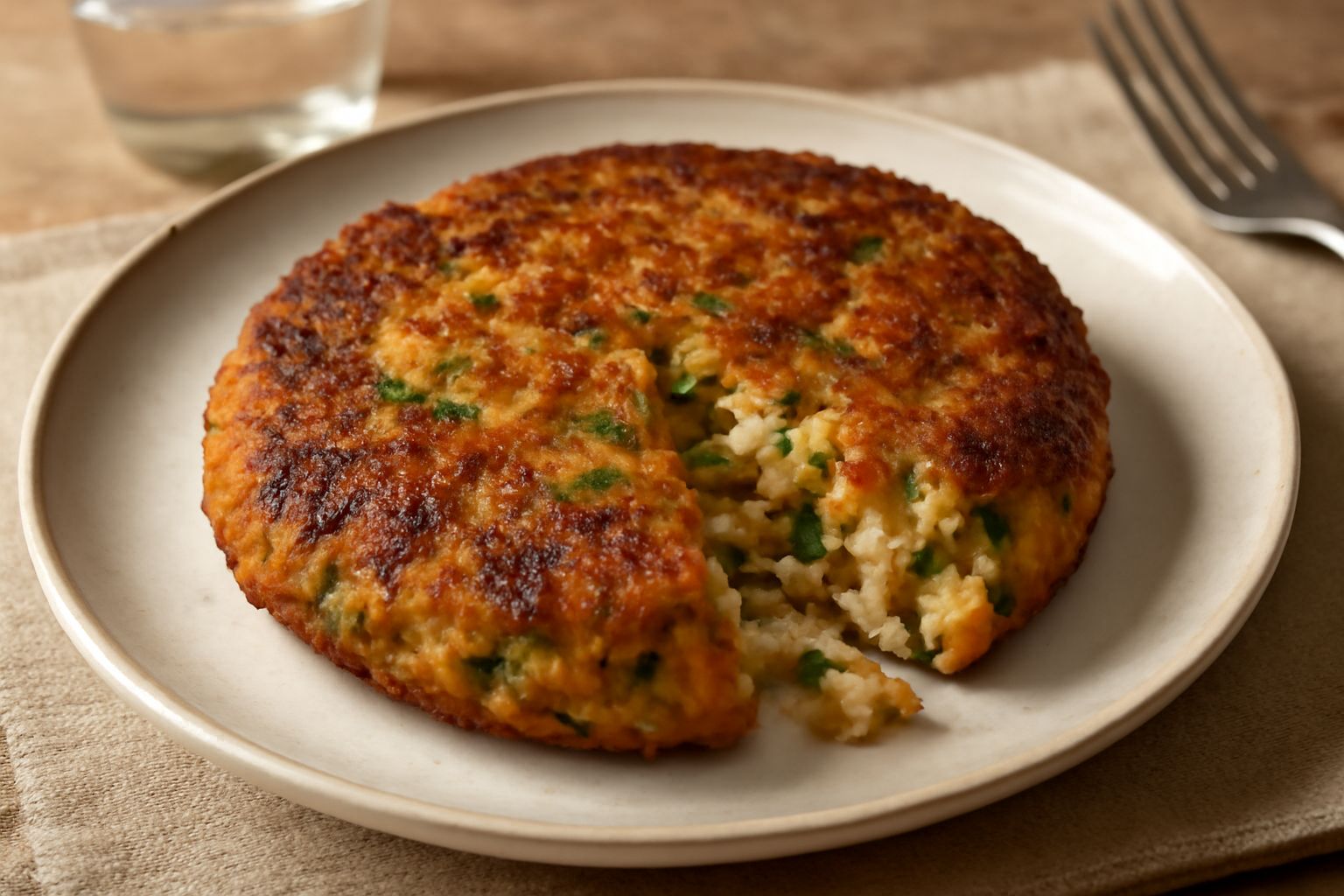 Frittella tonda dorata e croccante su un piatto bianco, con margini caramellati color nocciola, accompagnata da un cucchiaio di legno, verdure verdi e arancioni visibili al taglio, su una tovaglia di 